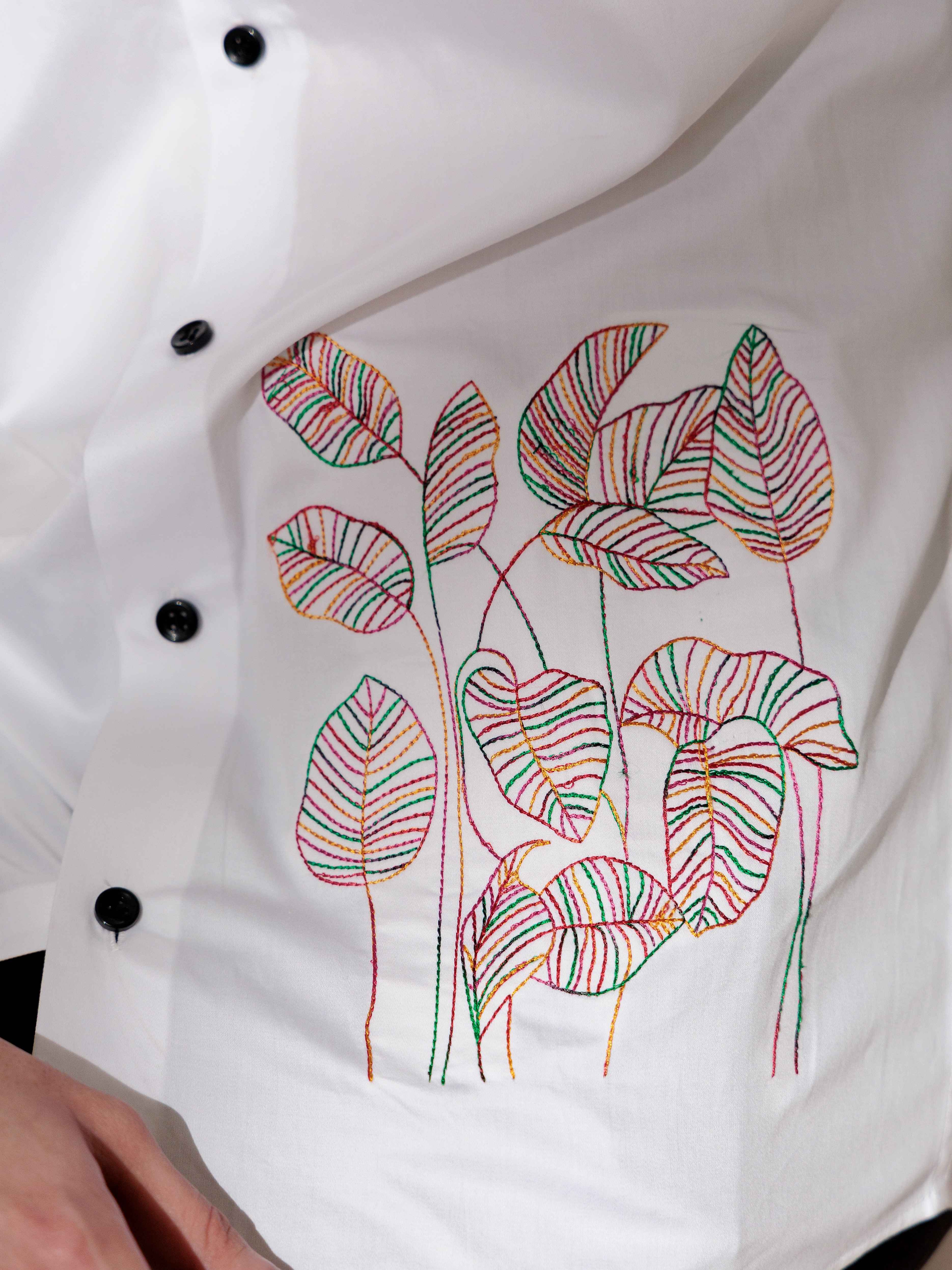 FOOMER LEAVES EMBROIDERED WHITE LUXURY COTTON SHIRT FOR MEN - Image 2