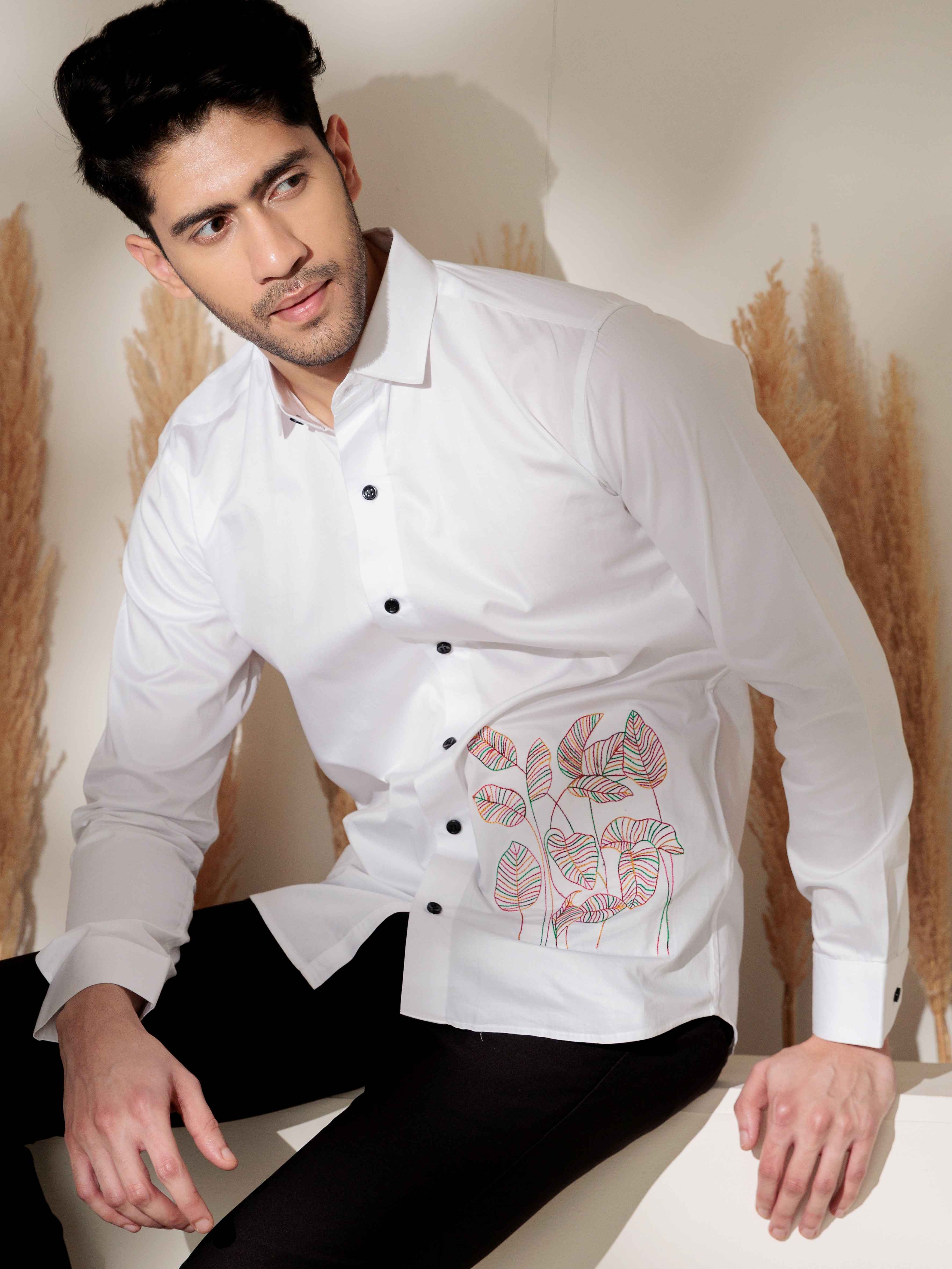 FOOMER LEAVES EMBROIDERED WHITE LUXURY COTTON SHIRT FOR MEN - Image 4