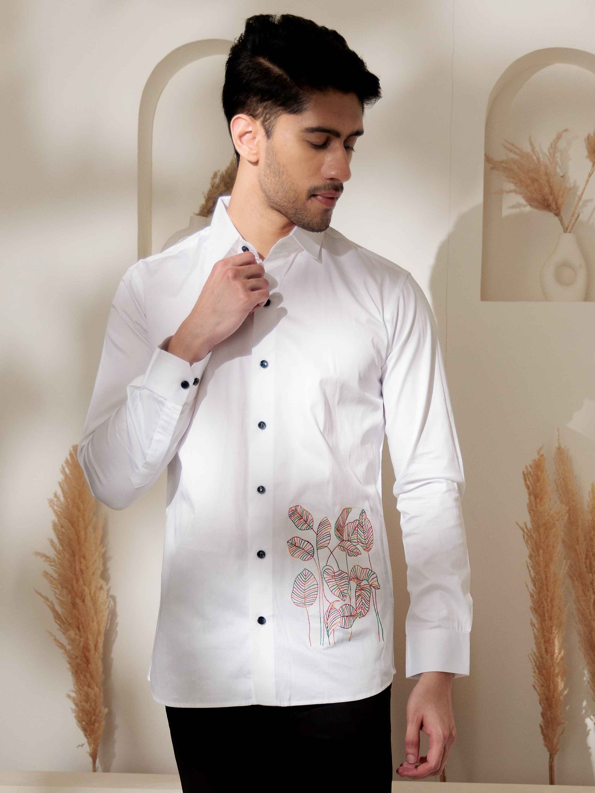 FOOMER LEAVES EMBROIDERED WHITE LUXURY COTTON SHIRT FOR MEN - Image 5