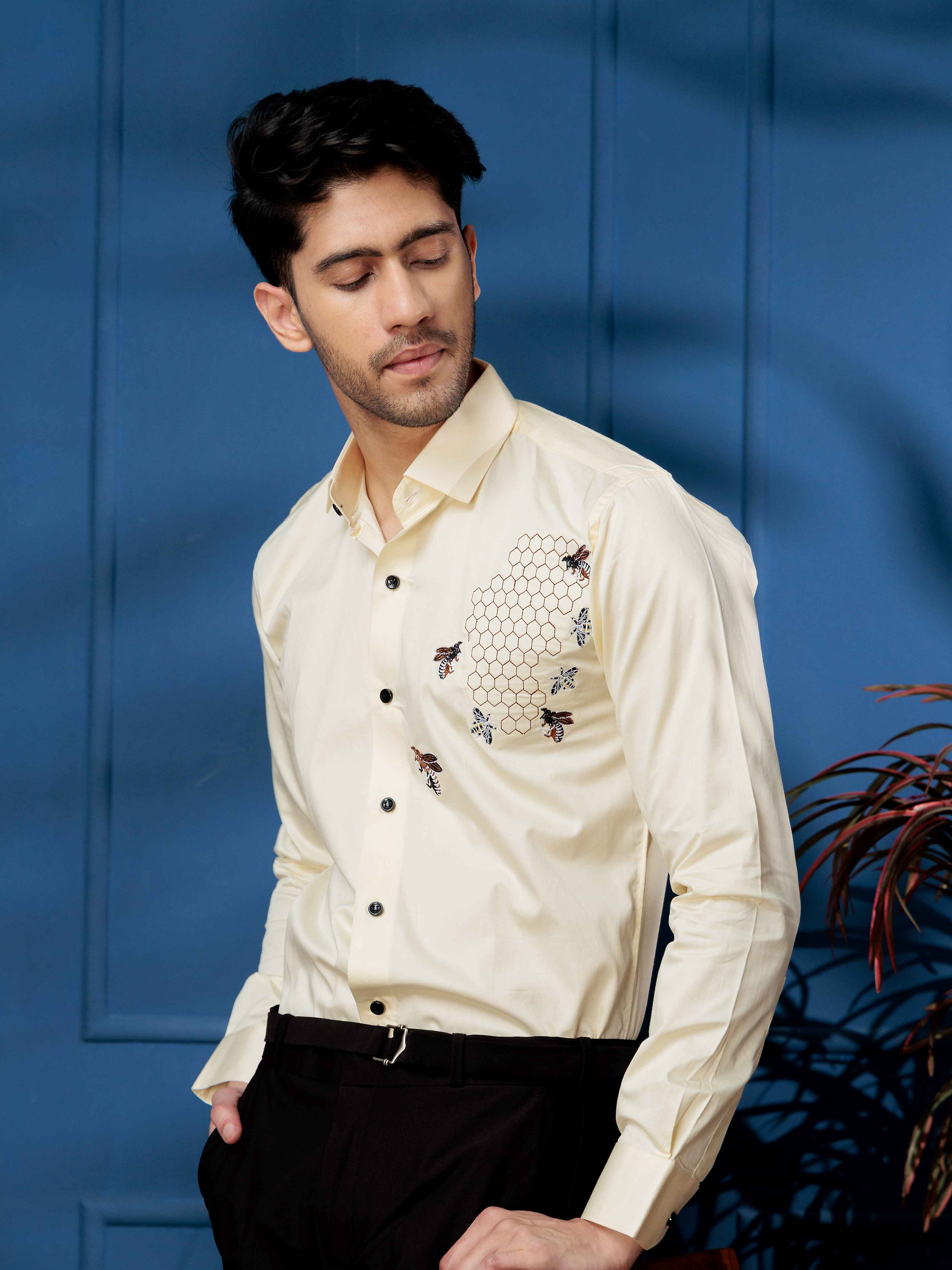 FOOMER LIGHT YELLOW HONEY BEES EMBROIDERED CLUB WEAR SATIN COTTON SHIRT - Image 5
