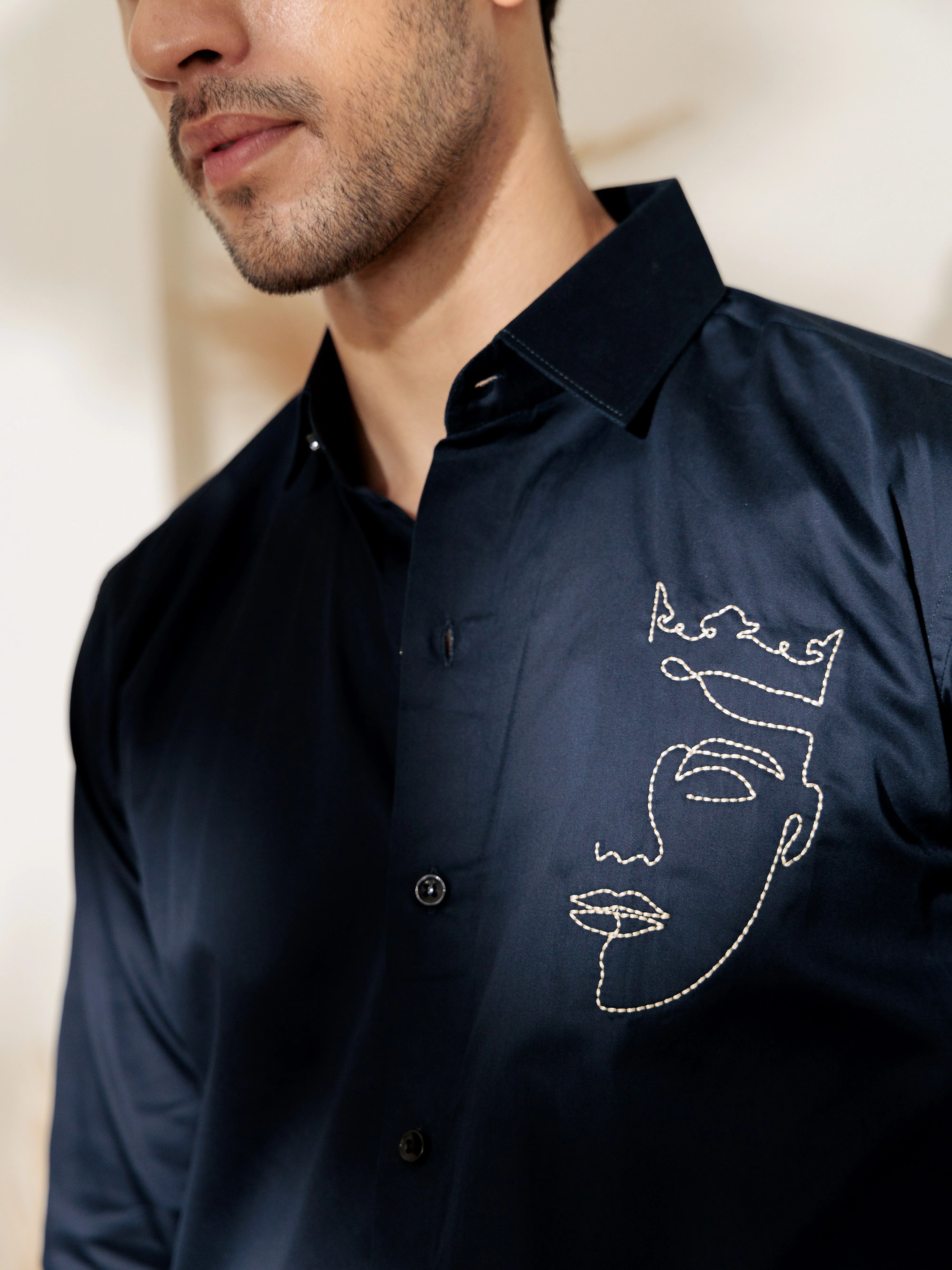 FOOMER NAVY LINE EMBROIDERED DESIGNER WEAR SATIN COTTON SHIRT FOR MEN - Image 2