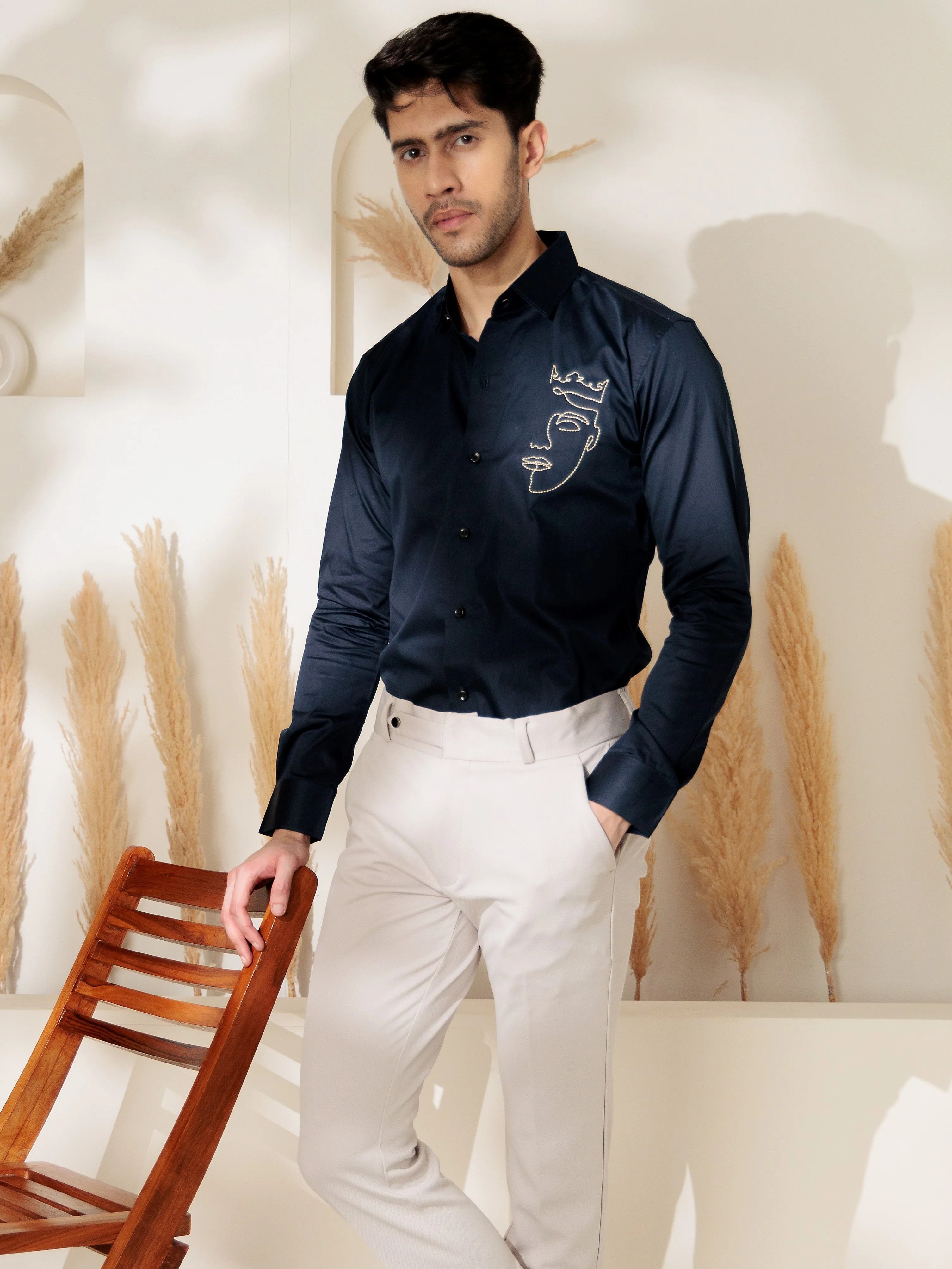 FOOMER NAVY LINE EMBROIDERED DESIGNER WEAR SATIN COTTON SHIRT FOR MEN - Image 5
