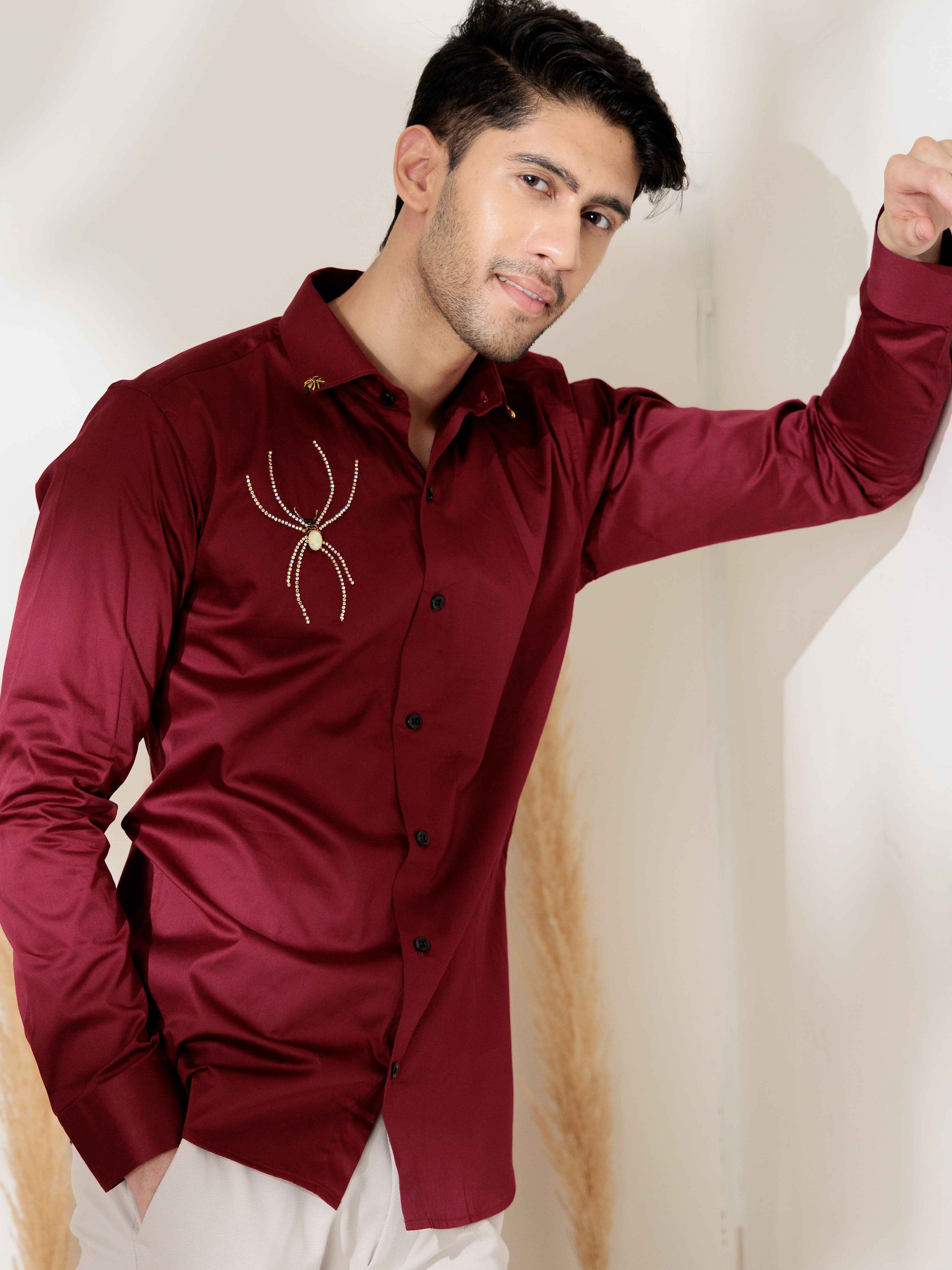 FOOMER MAROON RHINESTONE HAND WORK SATIN COTTON PREMIUM SHIRT FOR MEN - Image 10