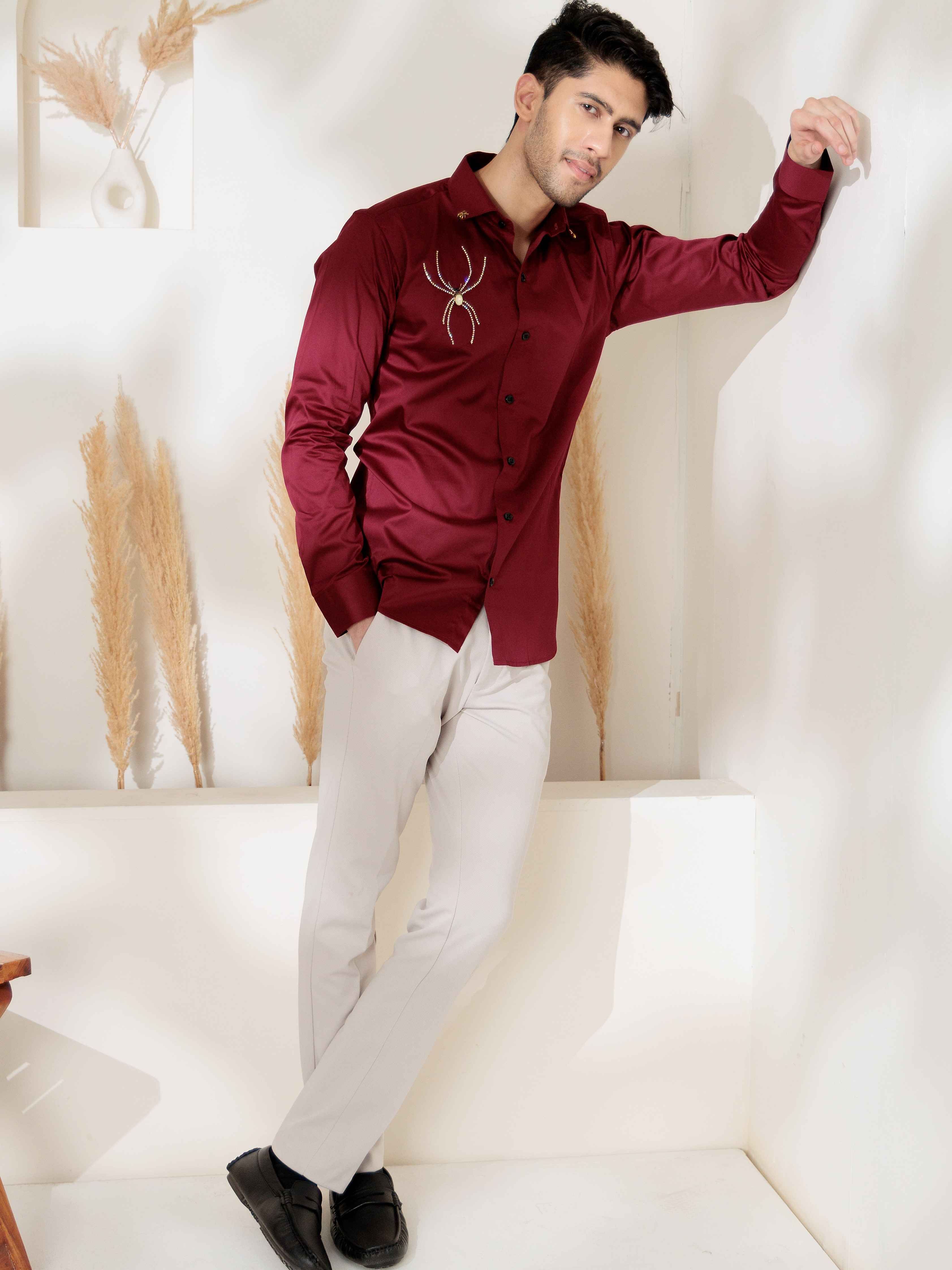 FOOMER MAROON RHINESTONE HAND WORK SATIN COTTON PREMIUM SHIRT FOR MEN - Image 5