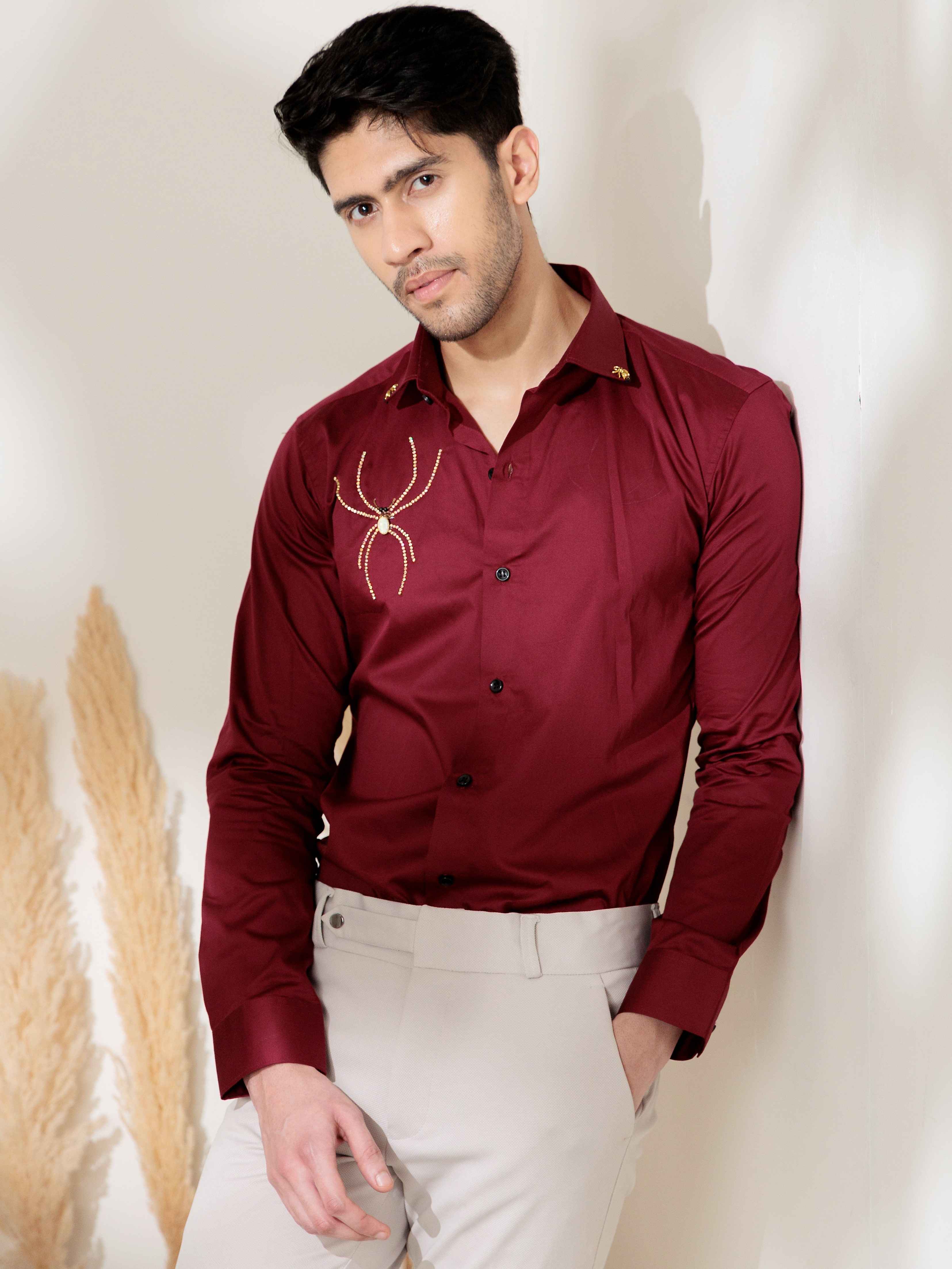 FOOMER MAROON RHINESTONE HAND WORK SATIN COTTON PREMIUM SHIRT FOR MEN - Image 6