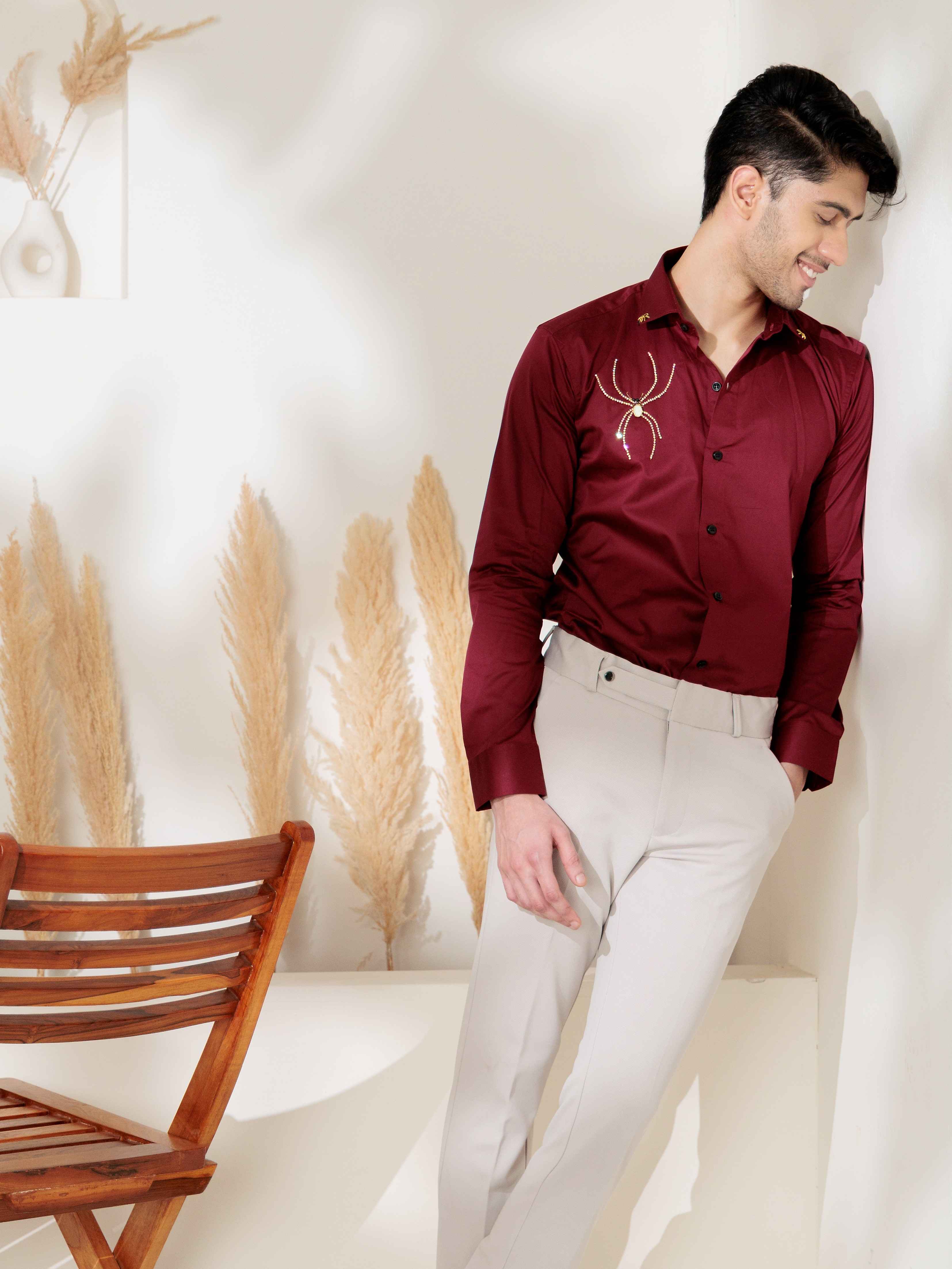 FOOMER MAROON RHINESTONE HAND WORK SATIN COTTON PREMIUM SHIRT FOR MEN - Image 8