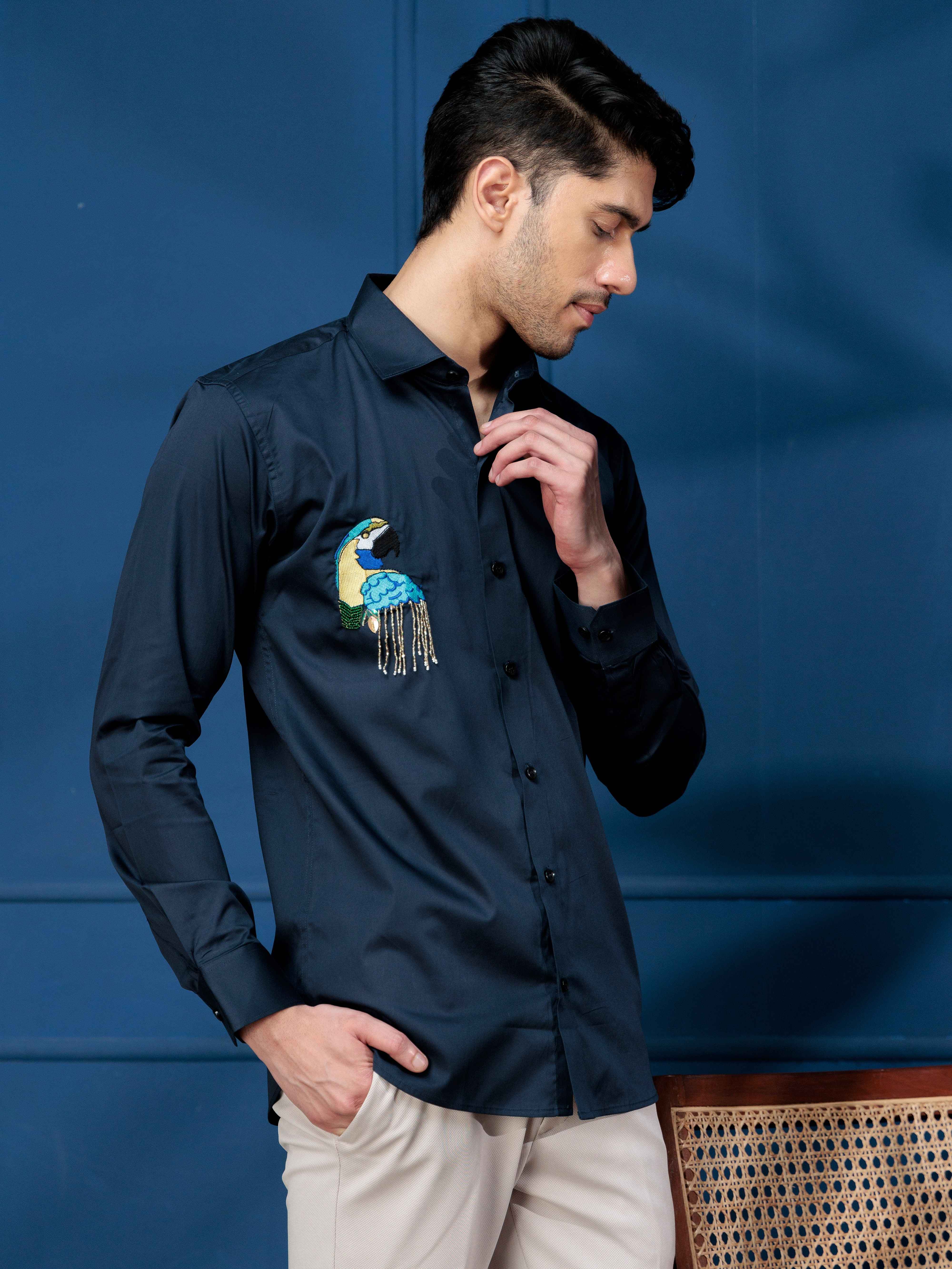 FOOMER NAVY BLUE EMBROIDERY SATIN COTTON SHIRT FOR MEN - Image 5