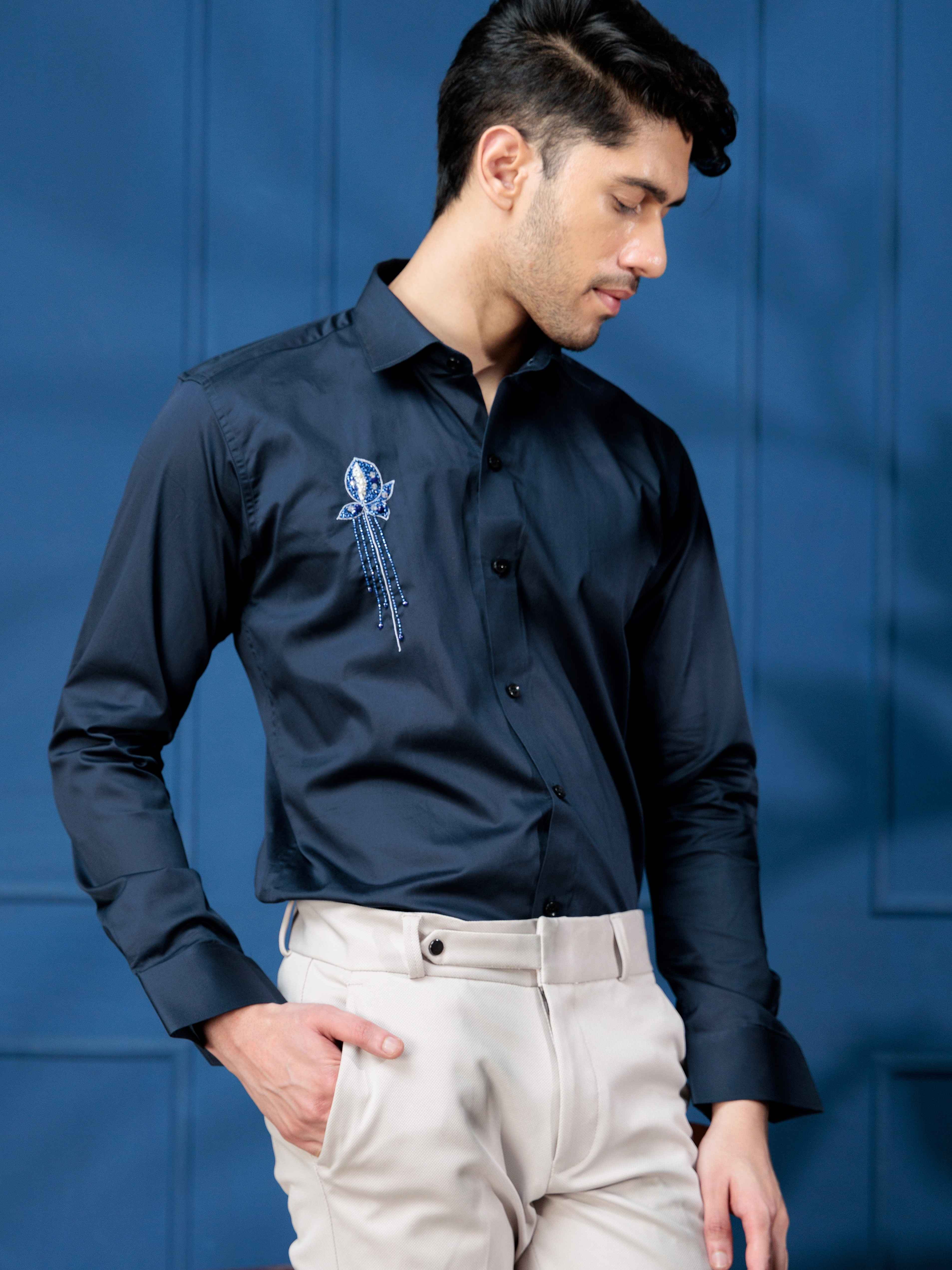 FOOMER NAVY RHINESTONE HAND WORK SATIN COTTON SHIRT FOR MEN