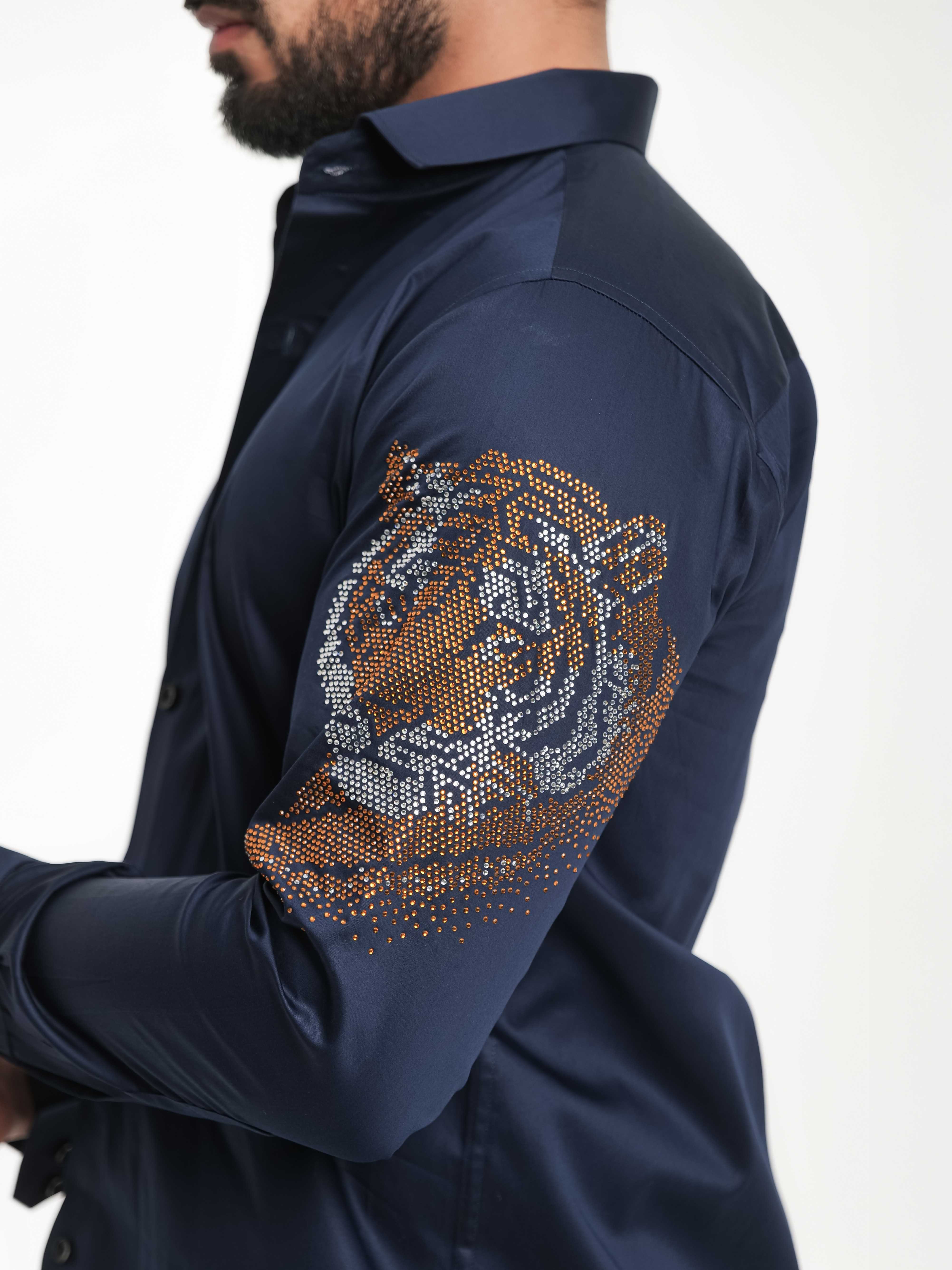 FOOMER NAVY STARRY BEADED TIGER CLUB WEAR SATIN COTTON SHIRT FOR MEN'S - Image 2