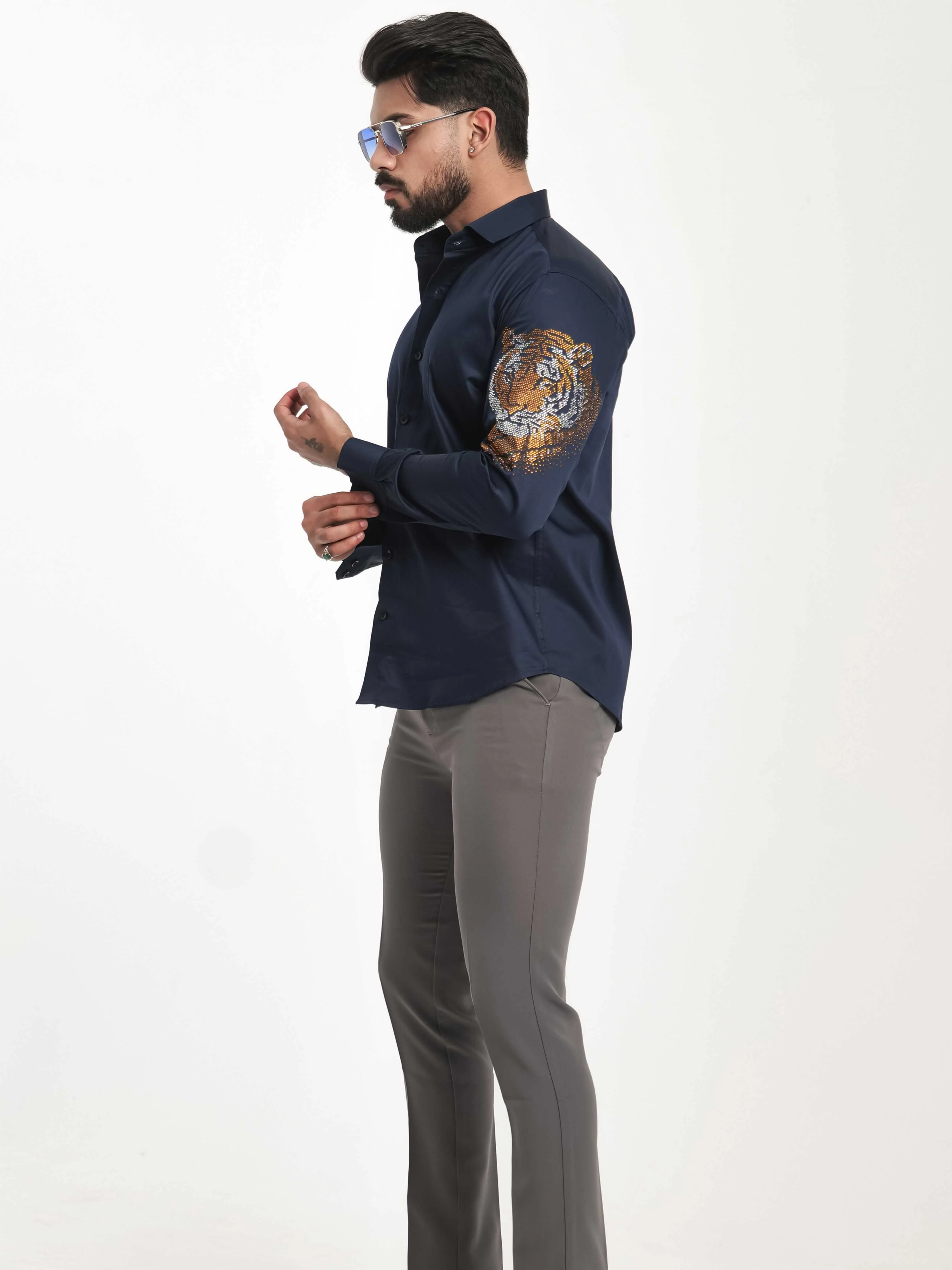 FOOMER NAVY STARRY BEADED TIGER CLUB WEAR SATIN COTTON SHIRT FOR MEN'S - Image 3