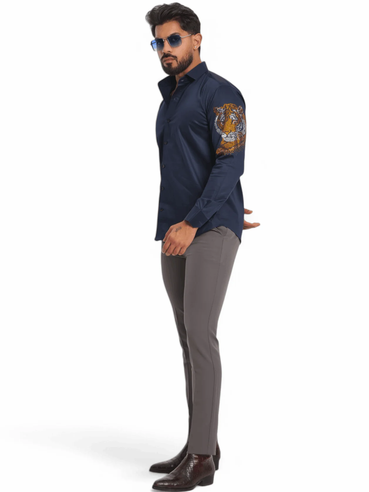 FOOMER NAVY STARRY BEADED TIGER CLUB WEAR SATIN COTTON SHIRT FOR MEN'S - Image 4
