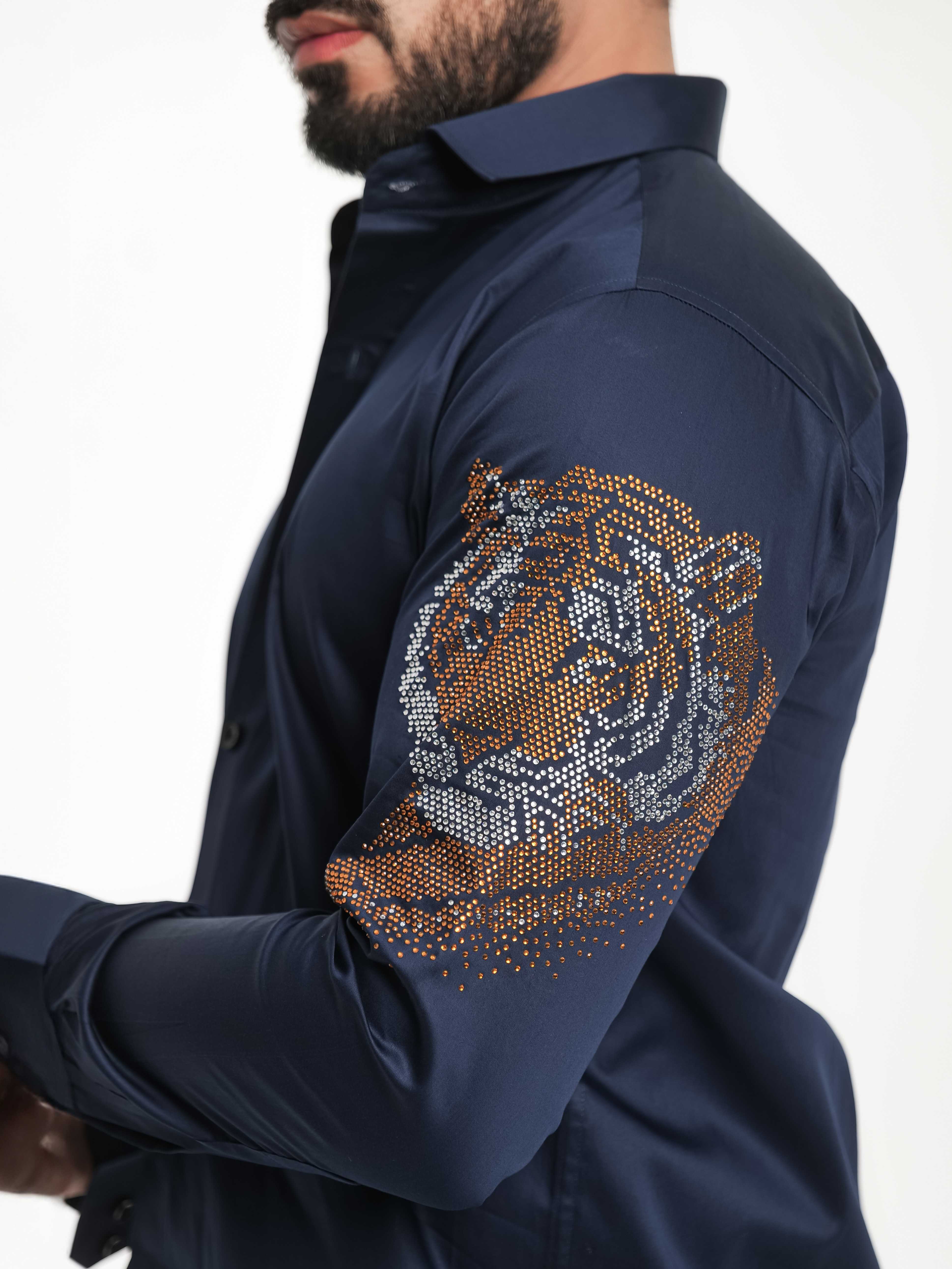 FOOMER NAVY STARRY BEADED TIGER CLUB WEAR SATIN COTTON SHIRT FOR MEN'S - Image 7