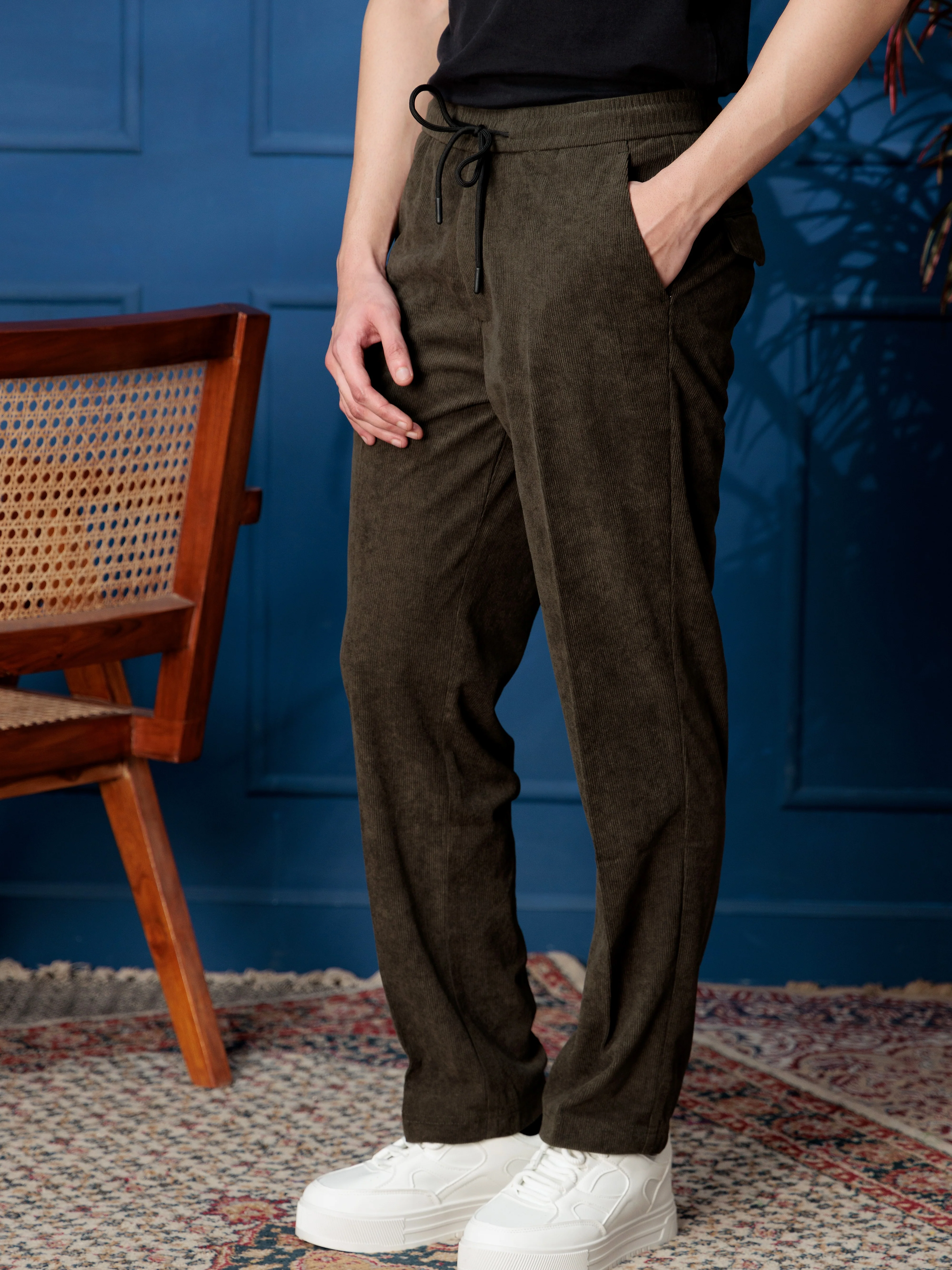 FOOMER OLIVE CORDUROY RELAXED FIT TROUSERS FOR MEN'S - Image 3