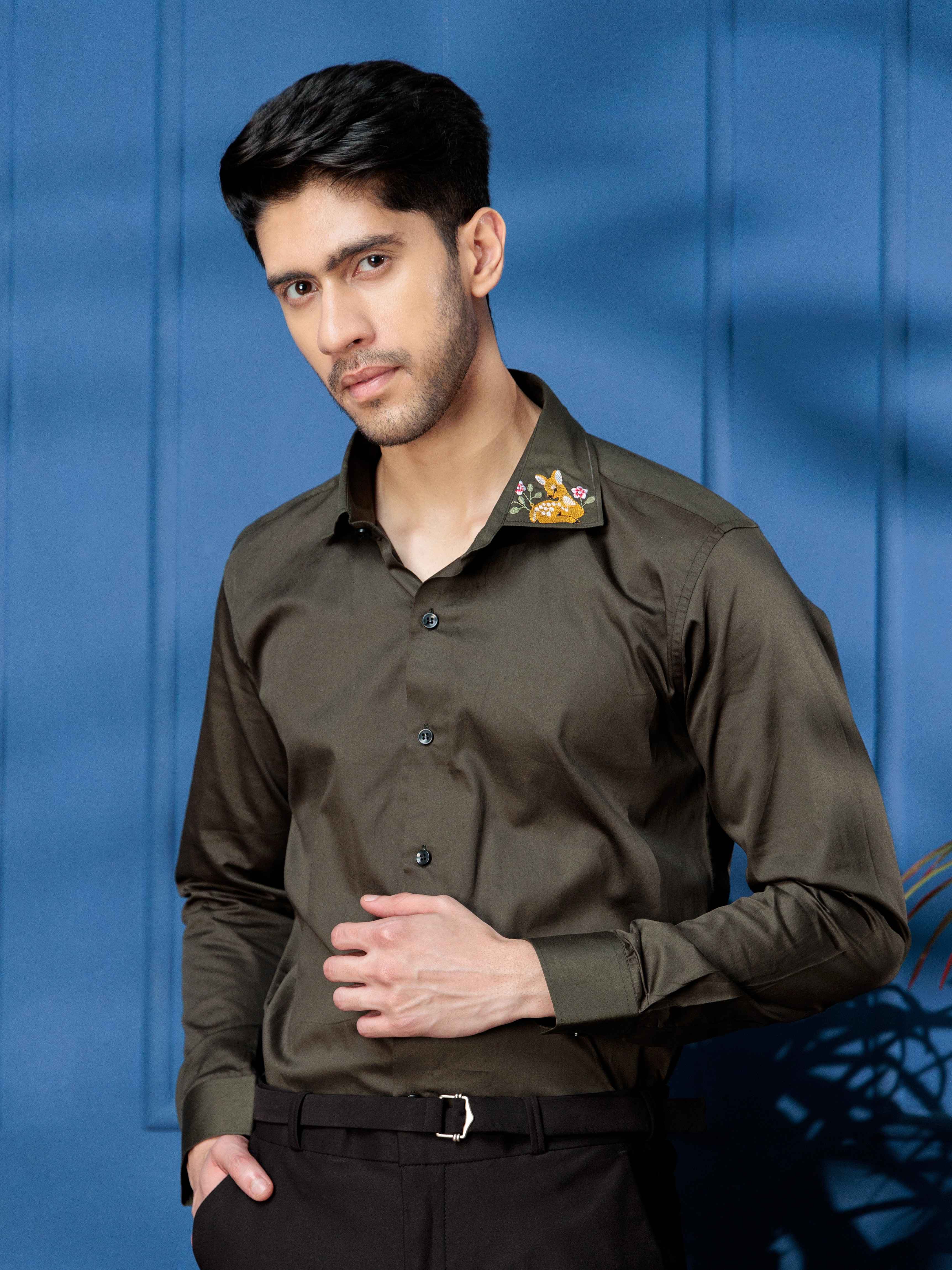 FOOMER OLIVE DEER EMBROIDERY SATIN COTTON PREMIUM SHIRT - Image 3
