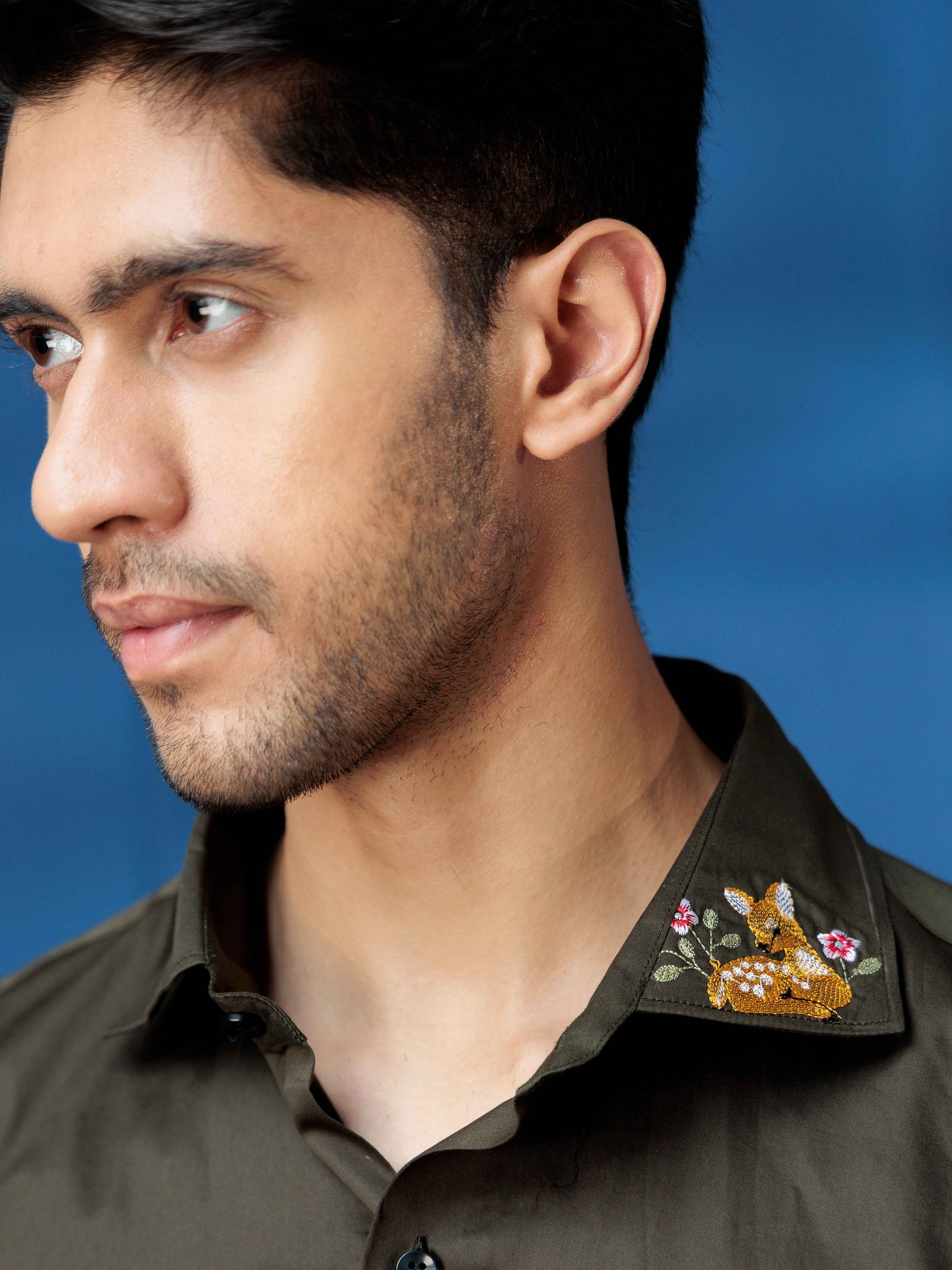 FOOMER OLIVE DEER EMBROIDERY SATIN COTTON PREMIUM SHIRT - Image 4