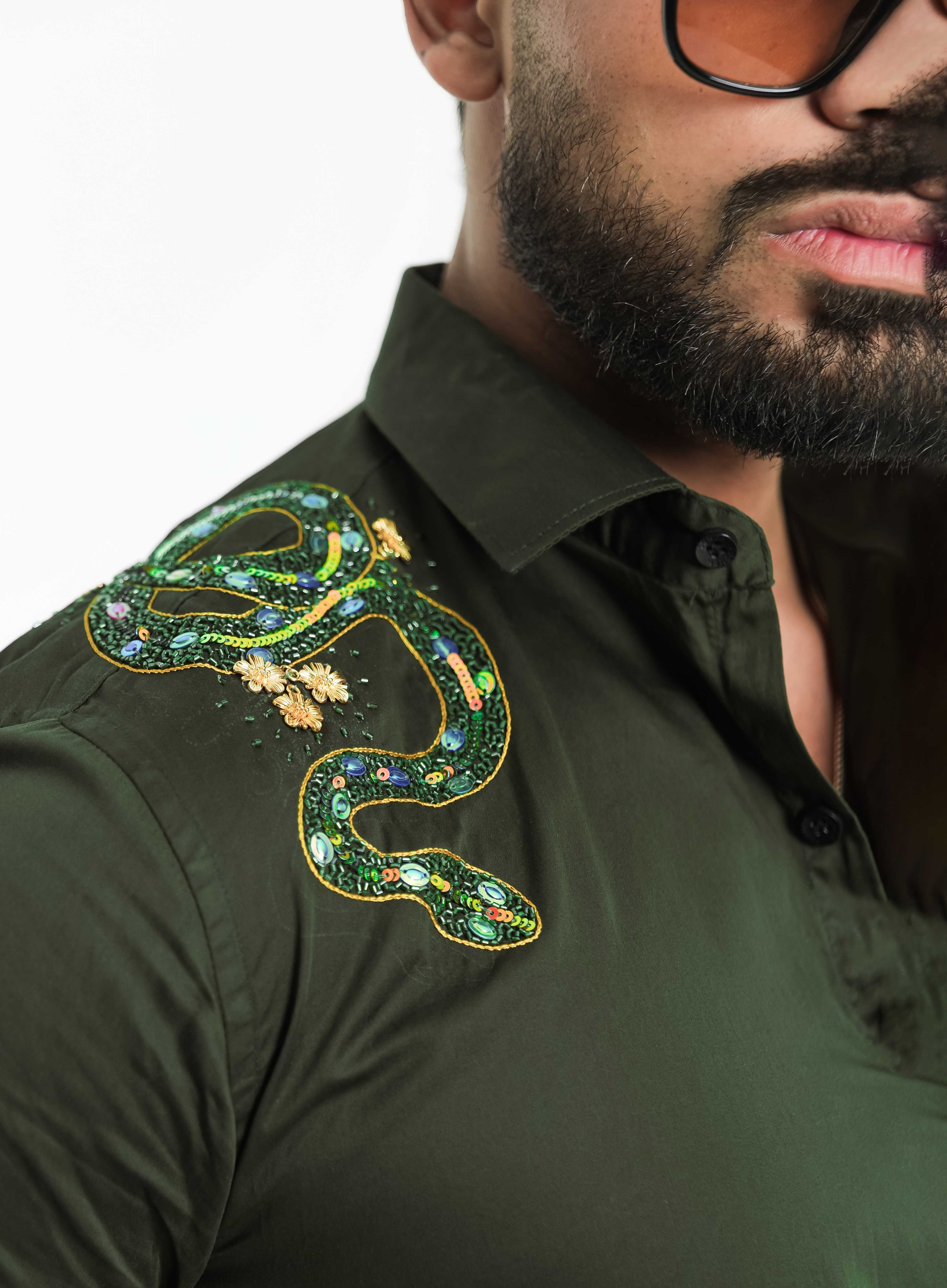 FOOMER OLIVE RHINESTONE HAND WORK SATIN COTTON PREMIUM SHIRT - Image 2