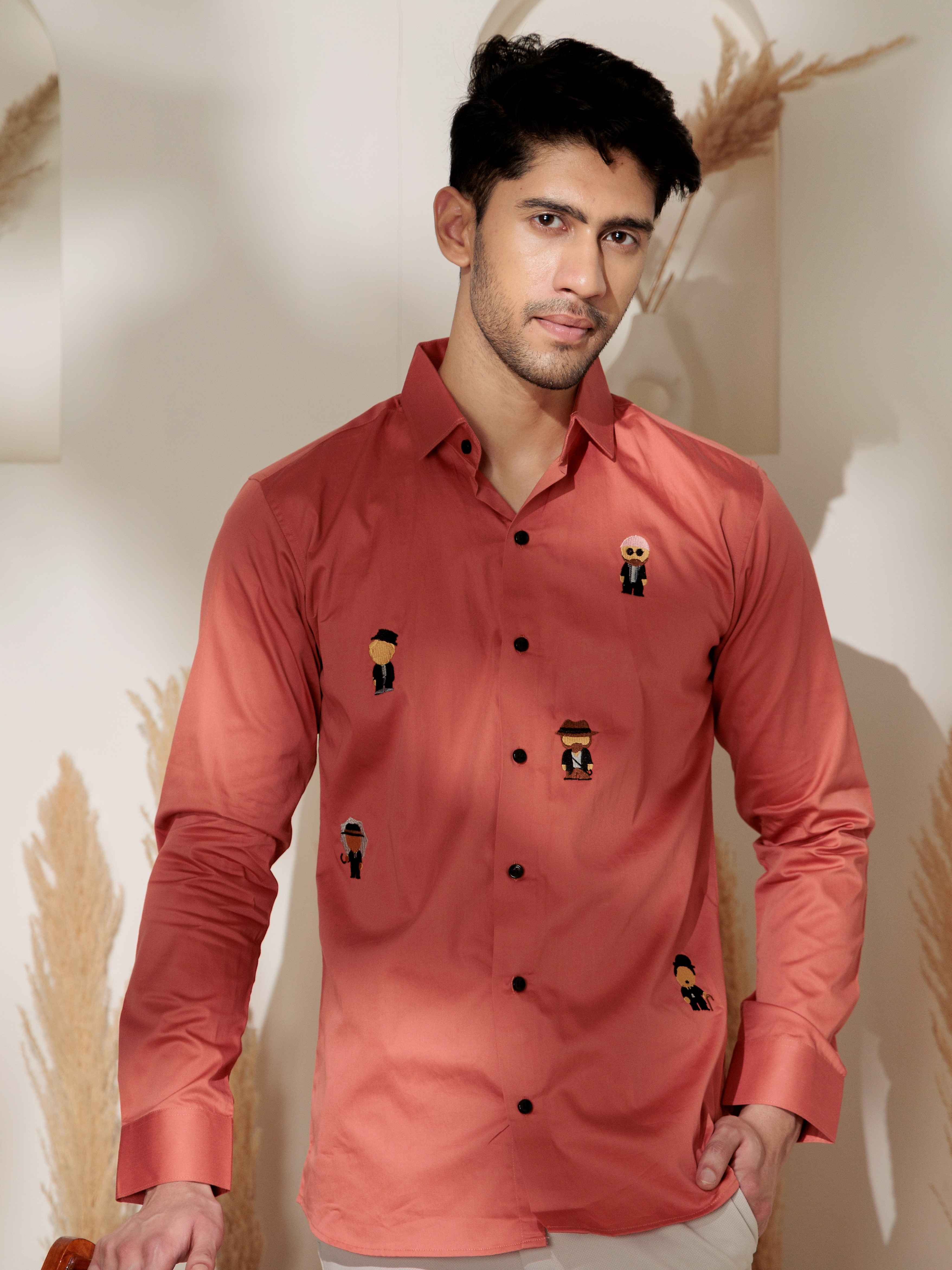 FOOMER ORANGE EMBROIDERED DESIGNER SATIN COTTON SHIRT