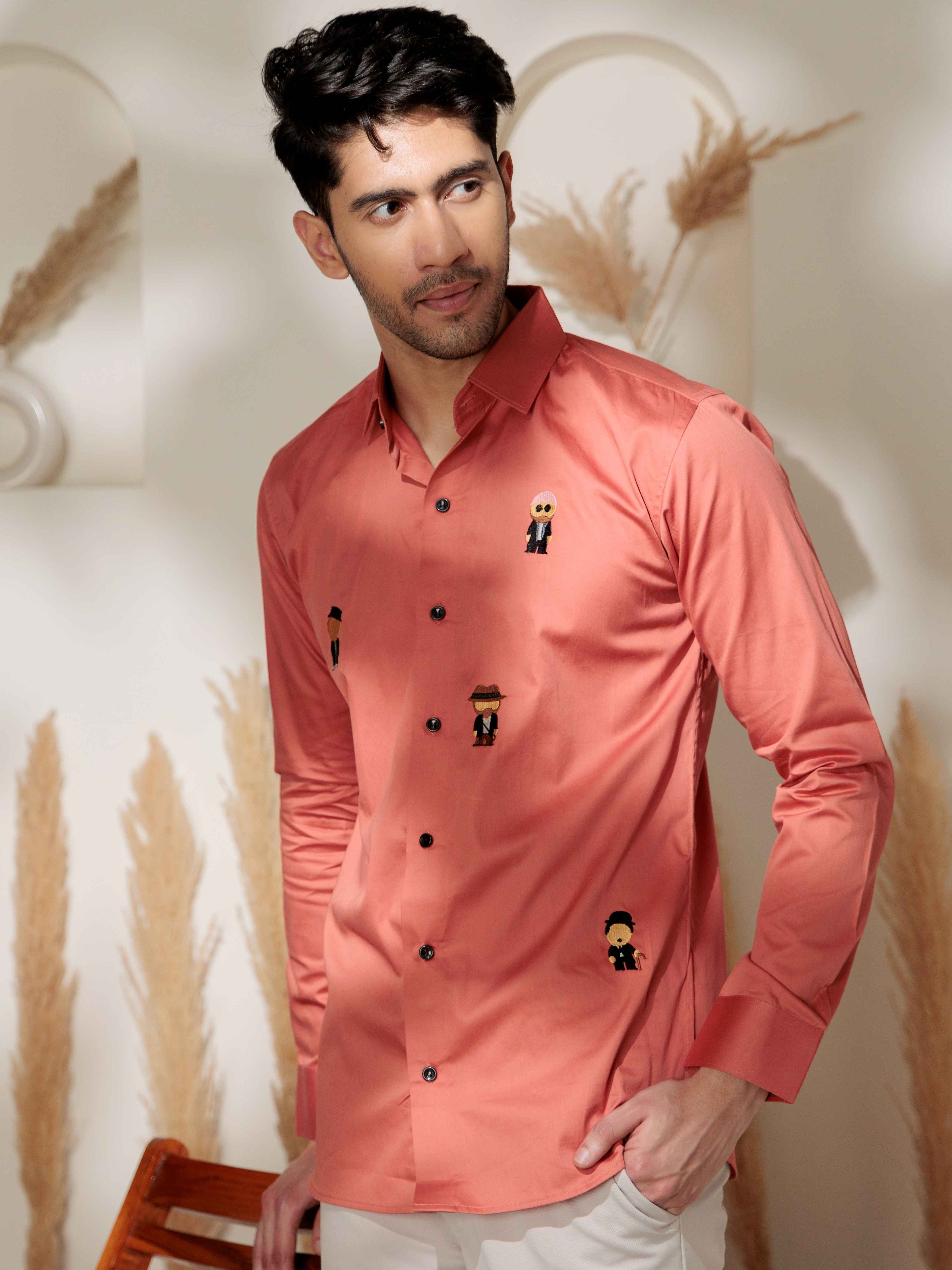 FOOMER ORANGE EMBROIDERED DESIGNER SATIN COTTON SHIRT - Image 4