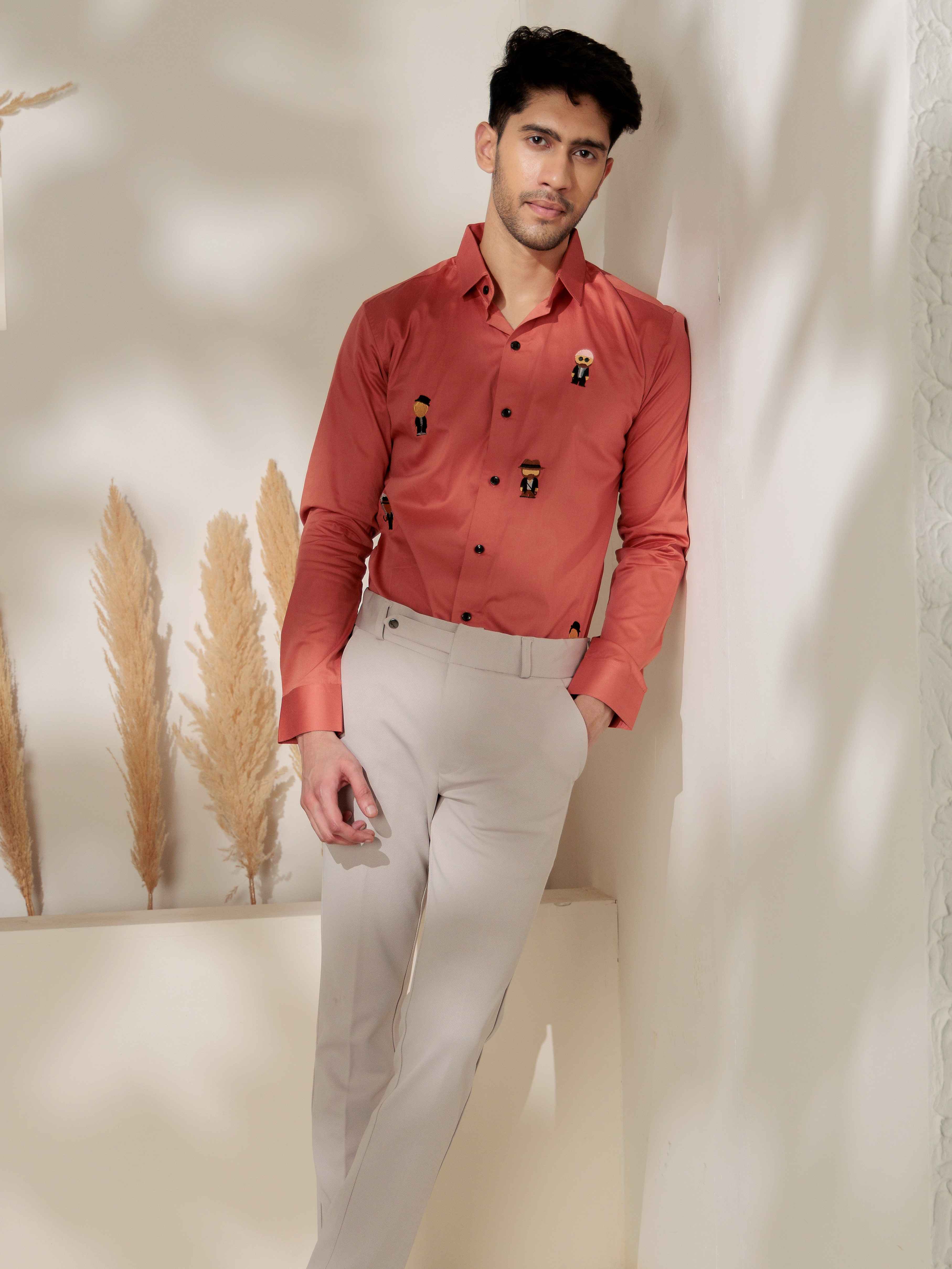 FOOMER ORANGE EMBROIDERED DESIGNER SATIN COTTON SHIRT - Image 5