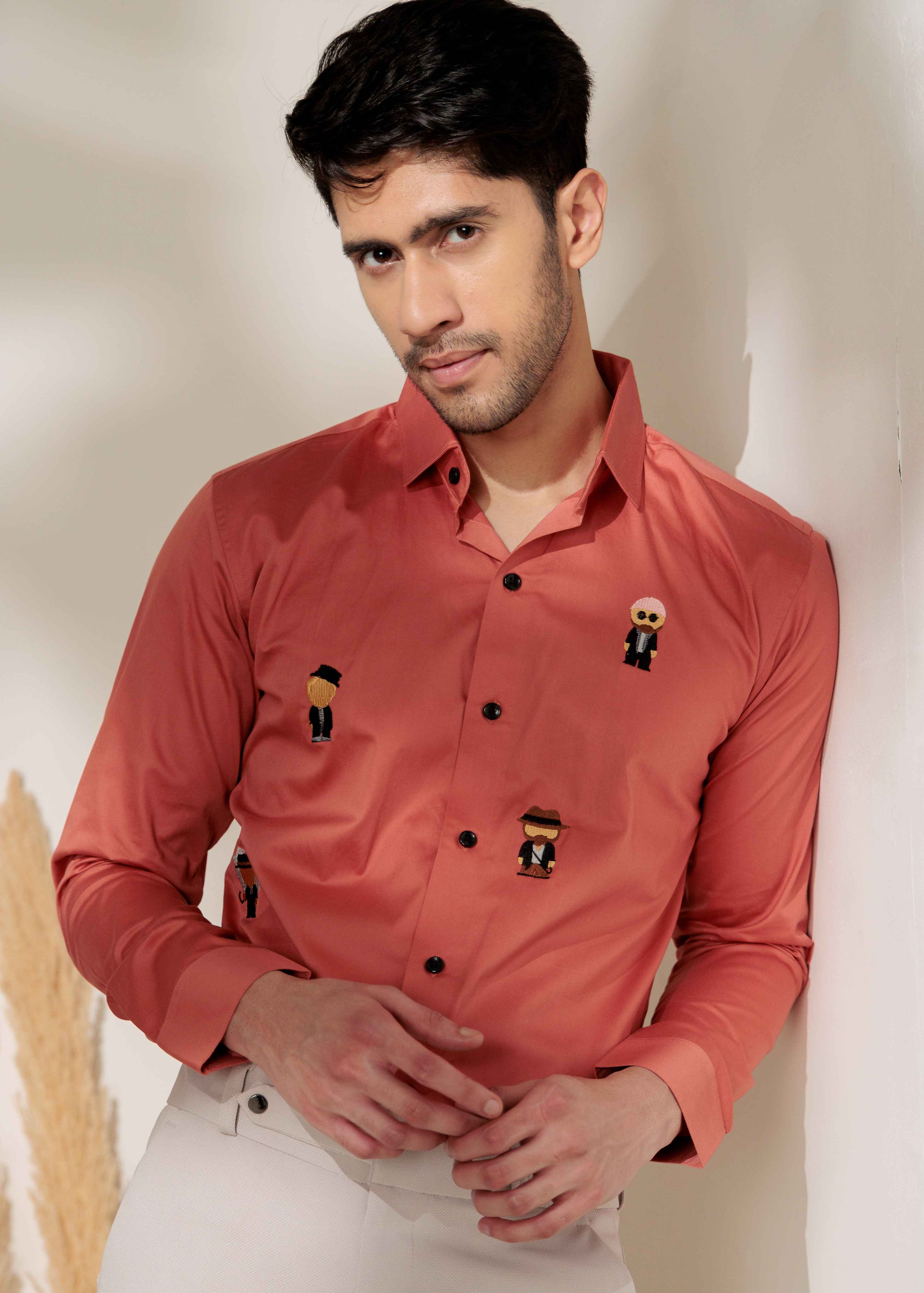 FOOMER ORANGE EMBROIDERED DESIGNER SATIN COTTON SHIRT - Image 7