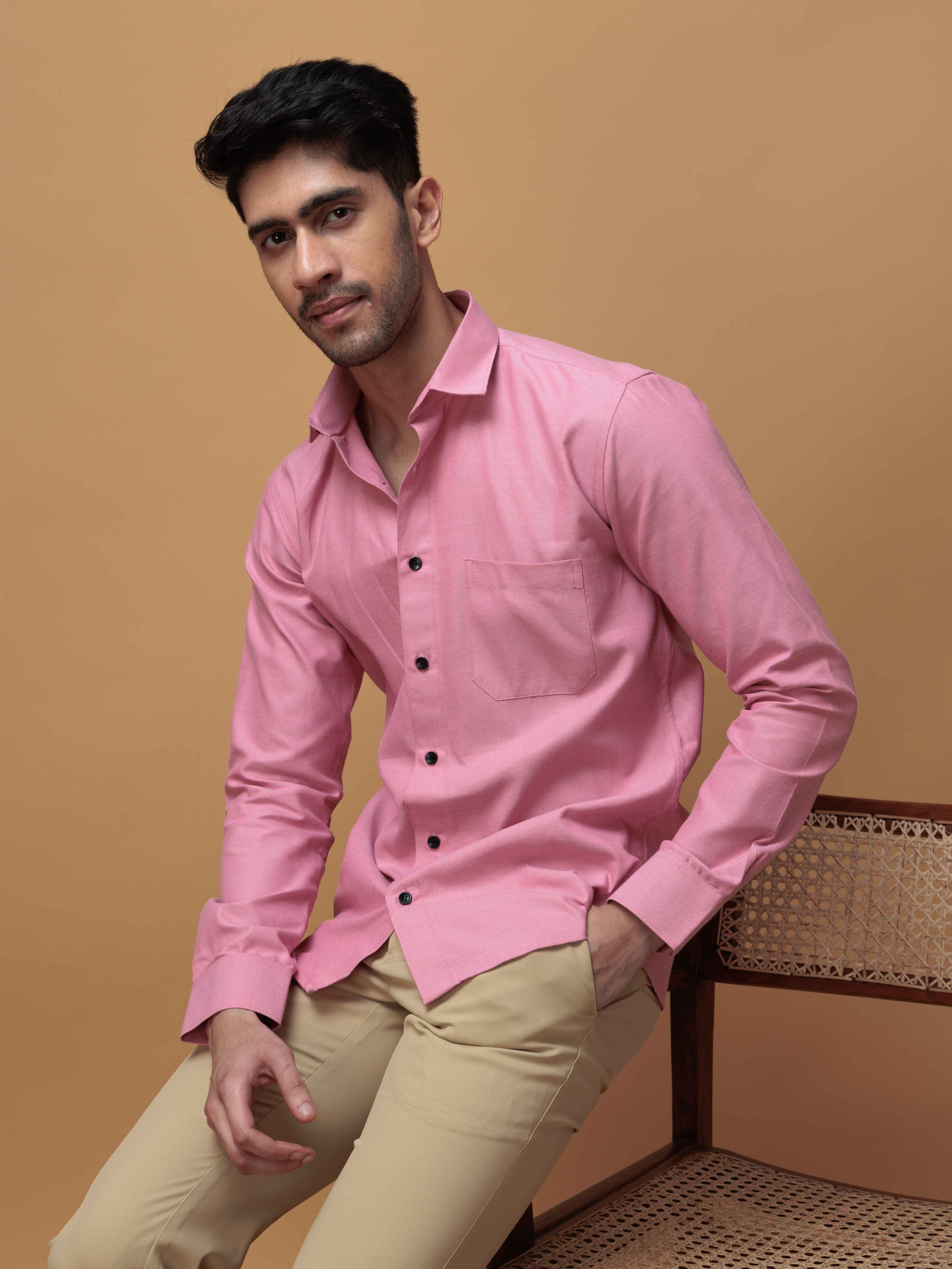 FORMAL PINK PLAIN OXFORD COTTON CASUAL SHIRT FOR MEN'S - Image 5