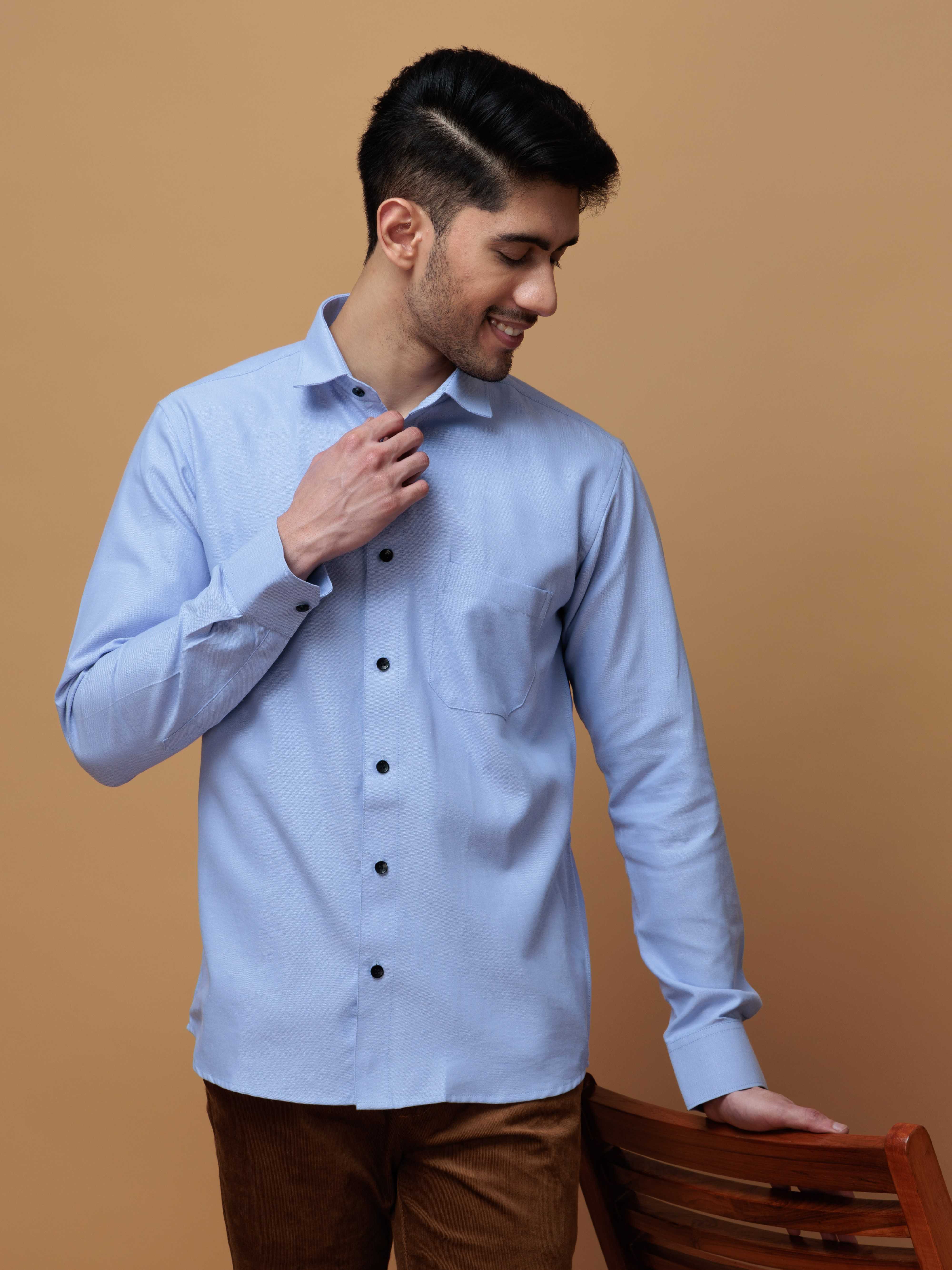 FORMAL SKY BLUE PLAIN OXFORD COTTON CASUAL SHIRT FOR MEN'S - Image 7