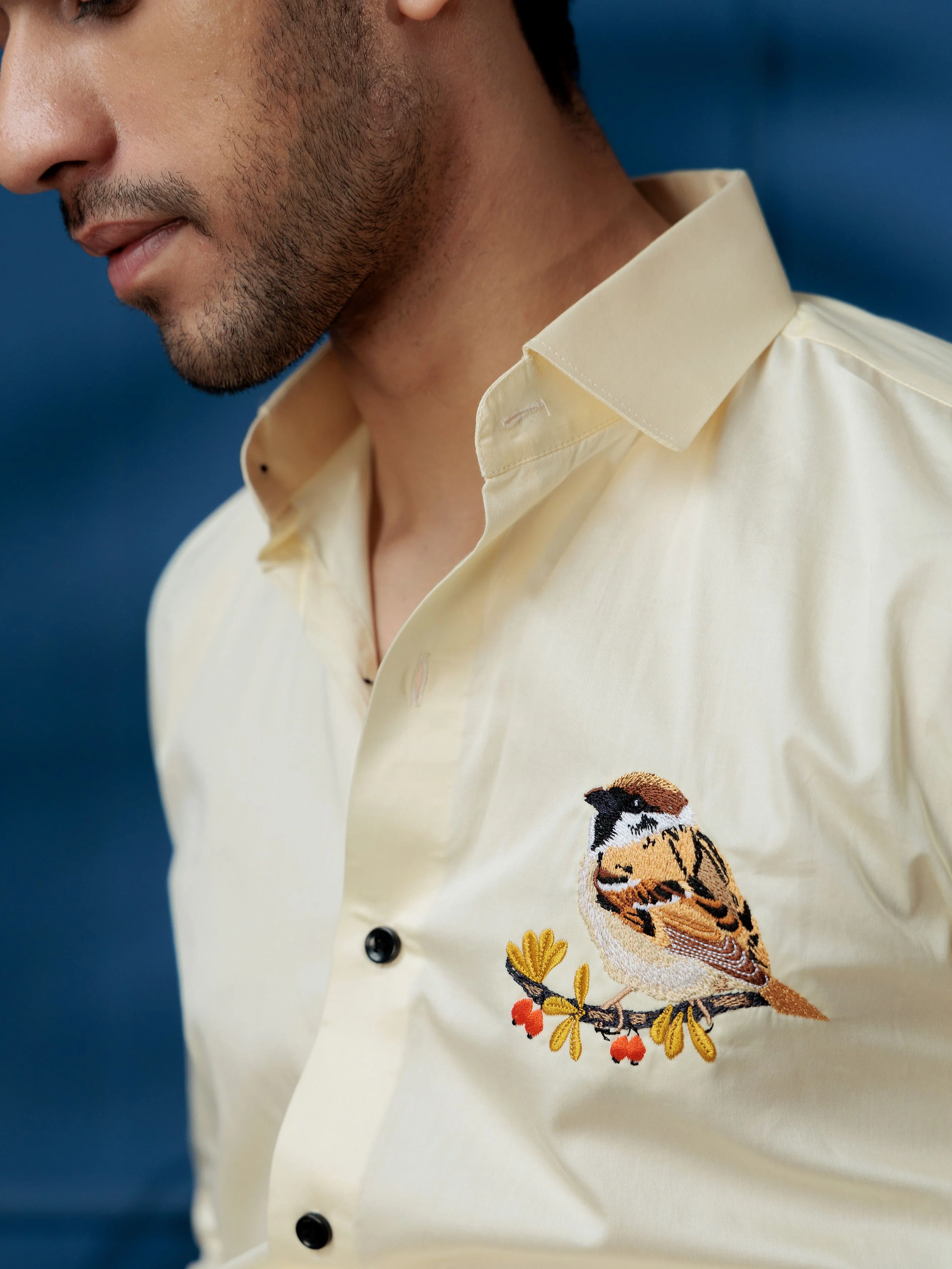 FOOMER SPARROW LIGHT YELLOW EMBROIDERED CLUB WEAR SATIN COTTON SHIRT - Image 3