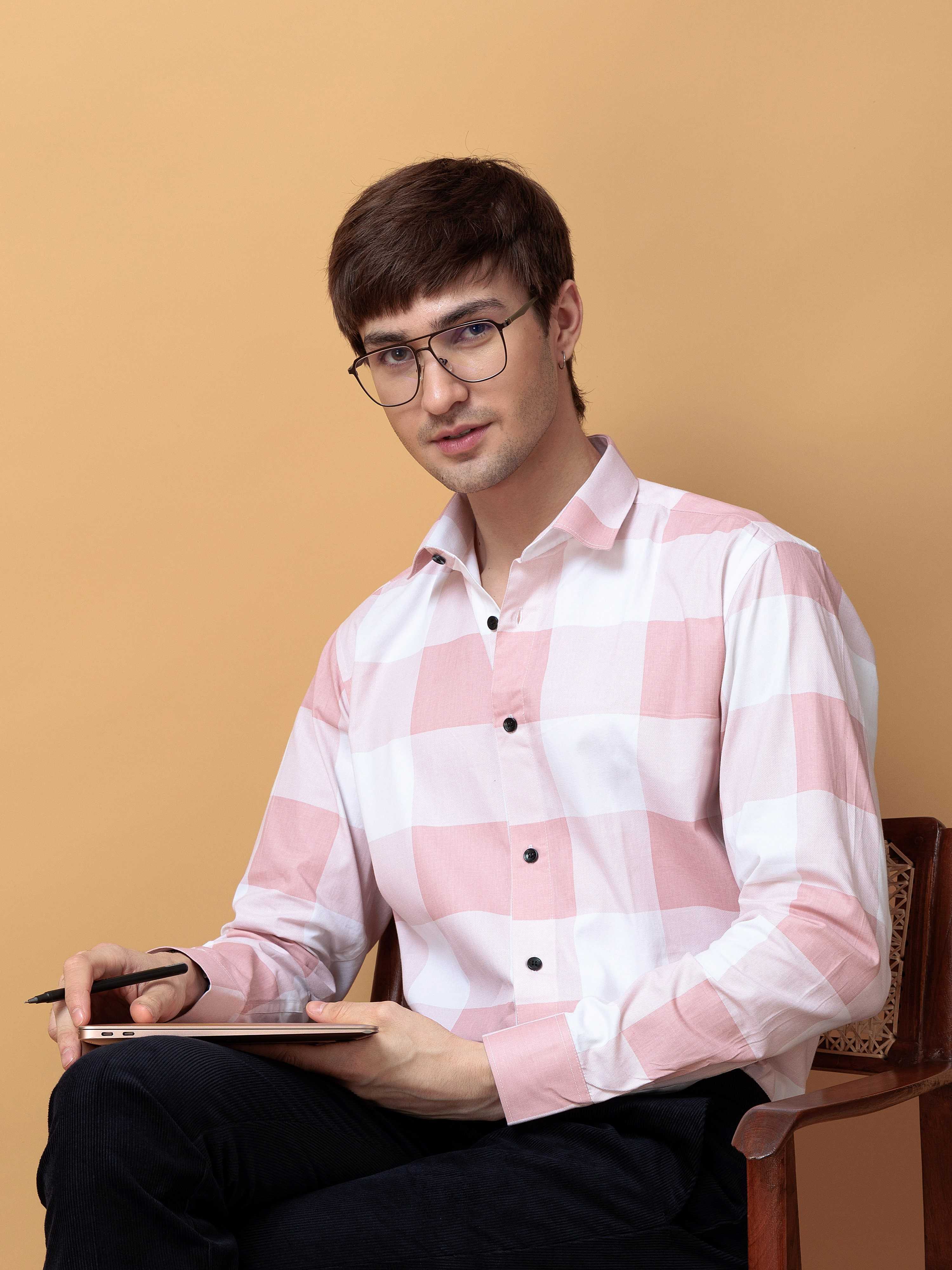 FOOMER SQUARE PEACH CHECKED COTTON CASUAL SHIRT FOR MEN'S - Image 2