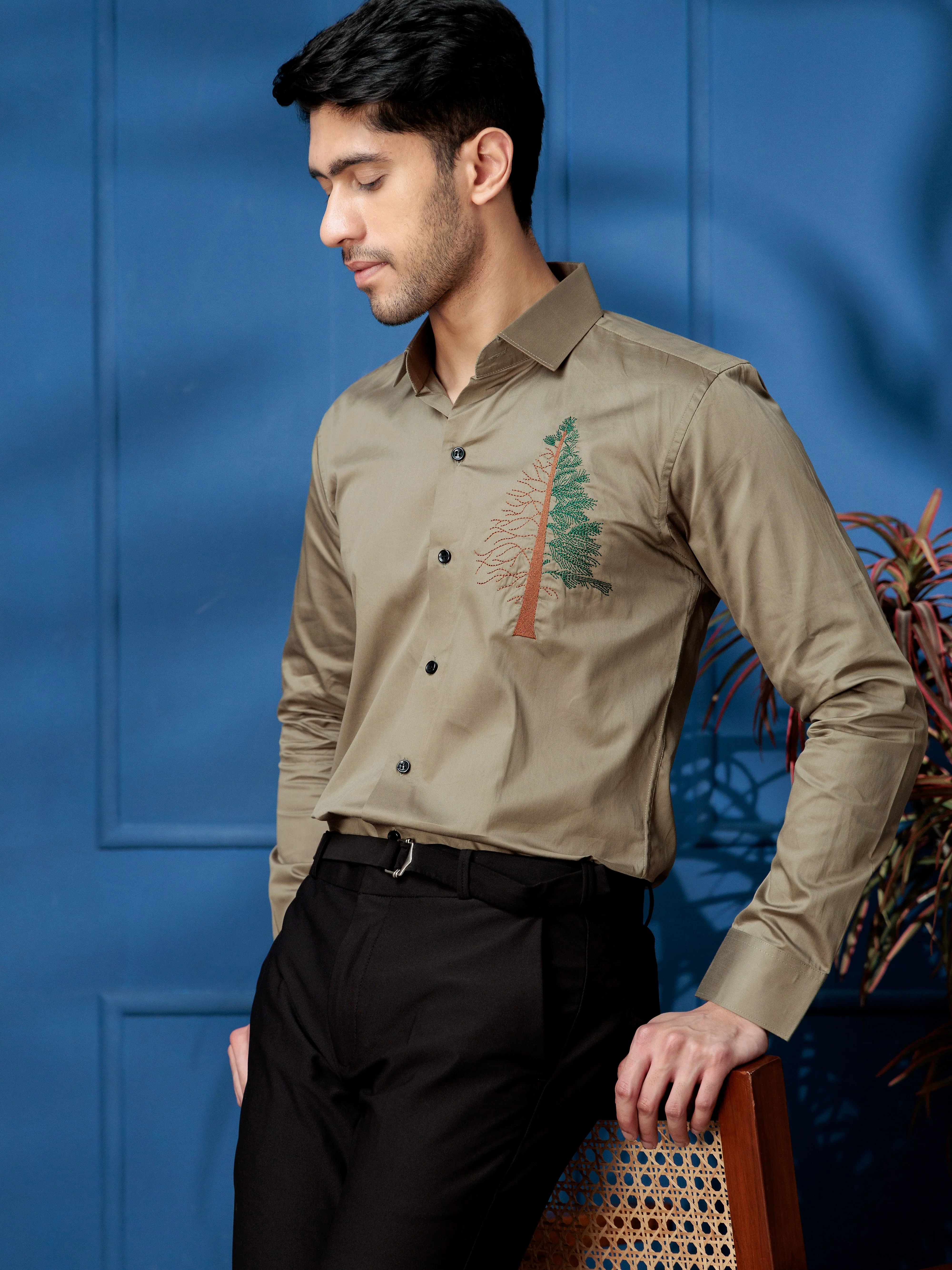 FOOMER TREE EMBROIDERED GREEN LUXURY COTTON SHIRT FOR MEN
