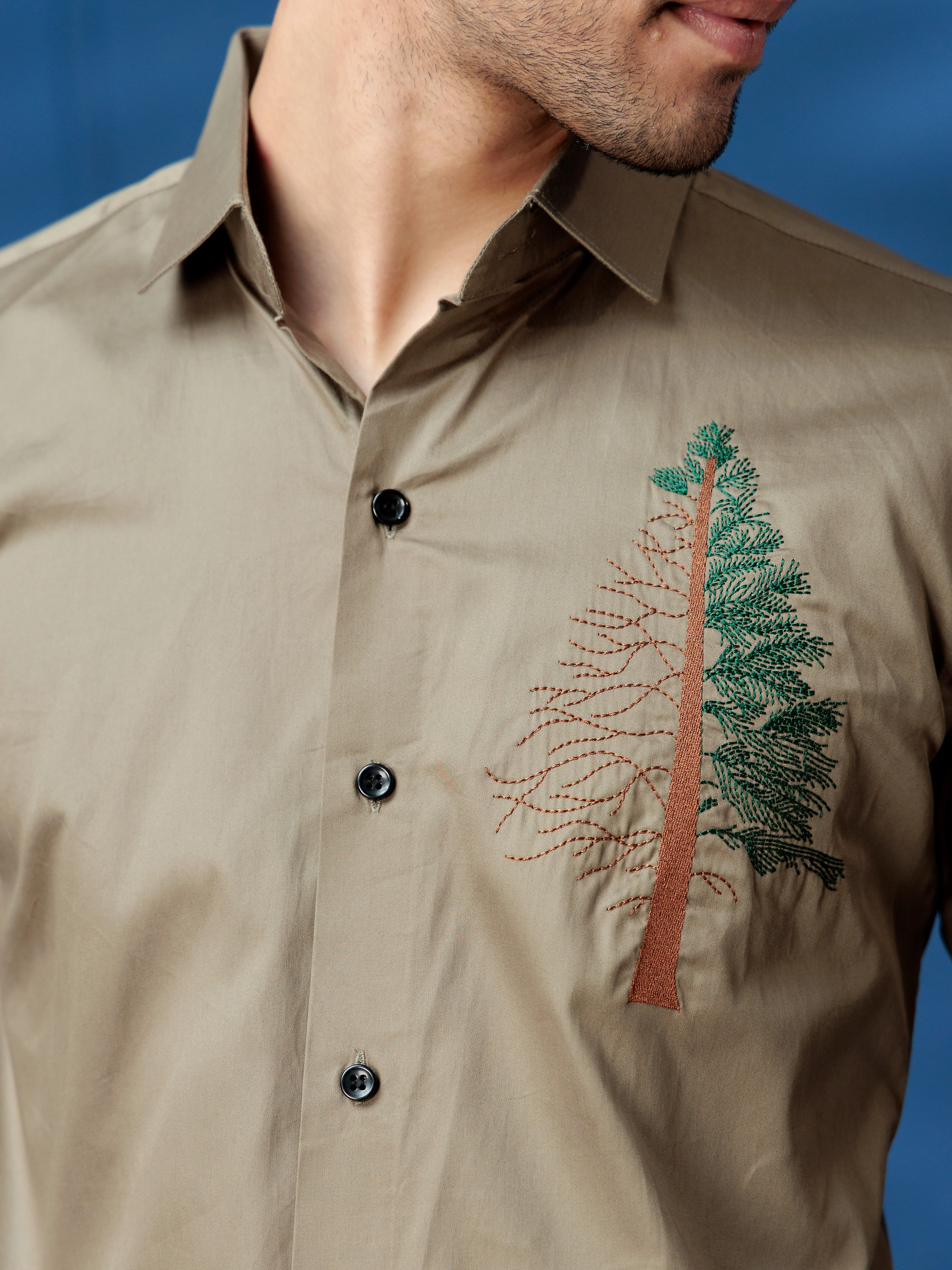 FOOMER TREE EMBROIDERED GREEN LUXURY COTTON SHIRT FOR MEN - Image 2