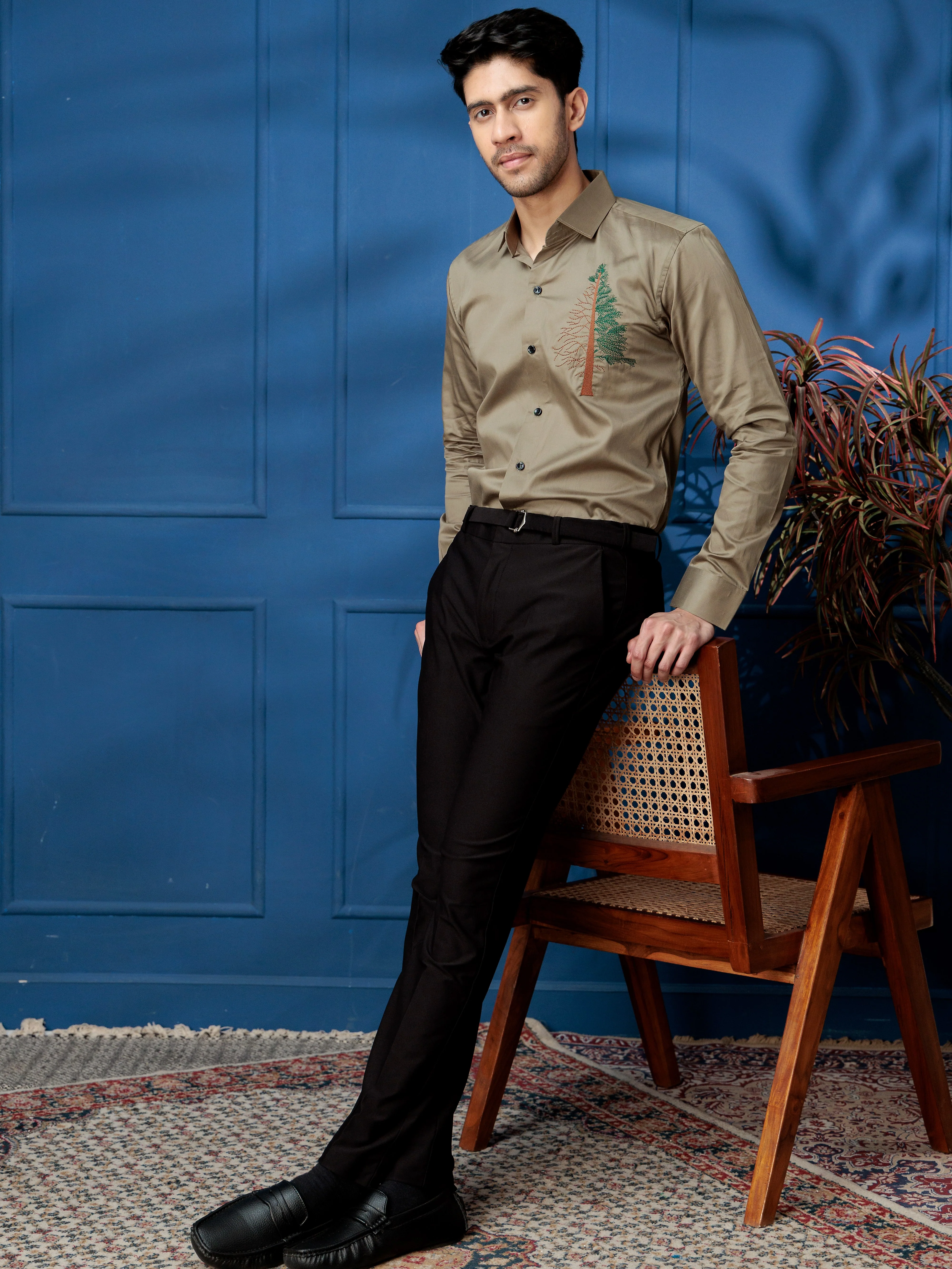FOOMER TREE EMBROIDERED GREEN LUXURY COTTON SHIRT FOR MEN - Image 3