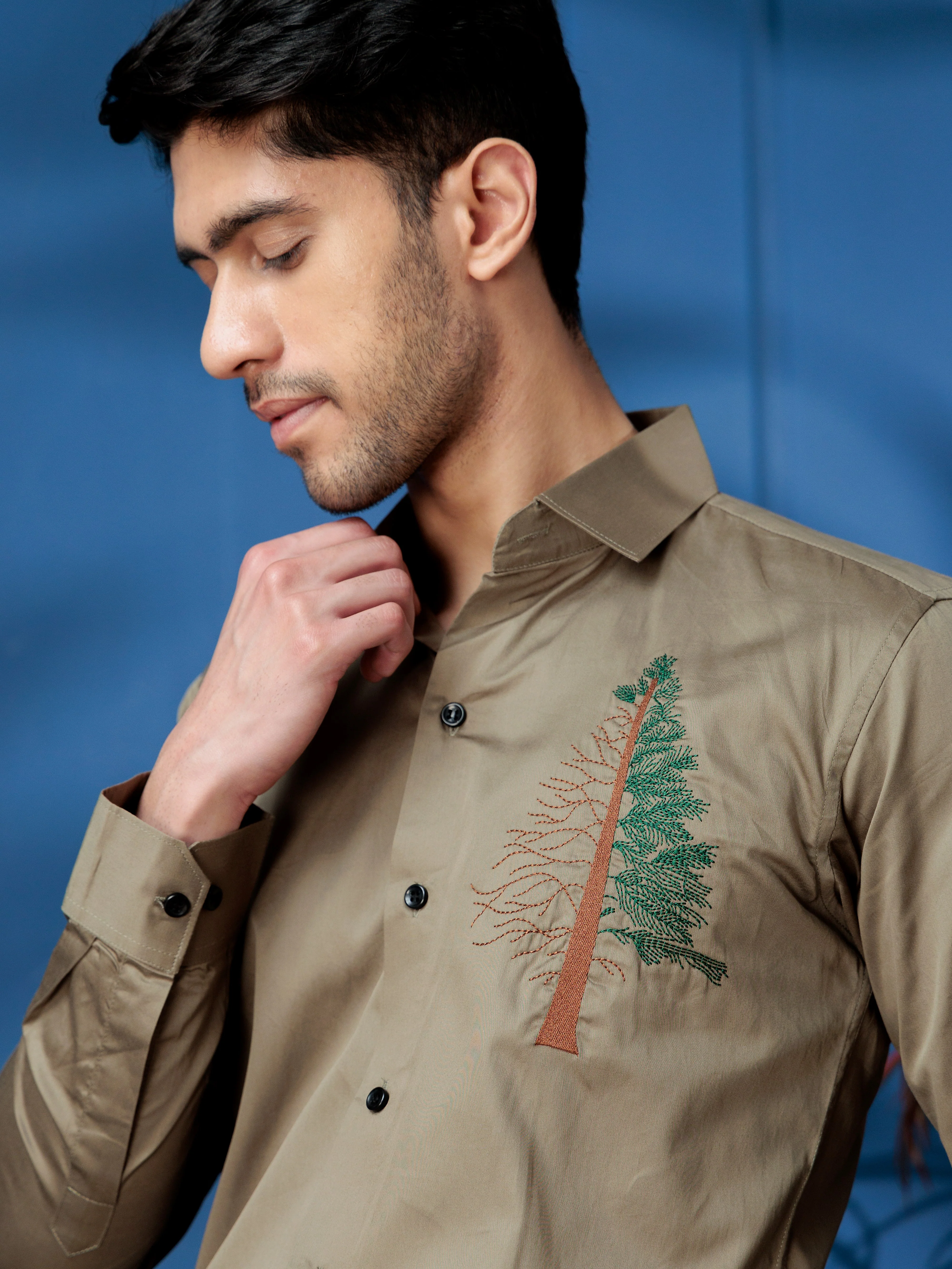 FOOMER TREE EMBROIDERED GREEN LUXURY COTTON SHIRT FOR MEN - Image 4