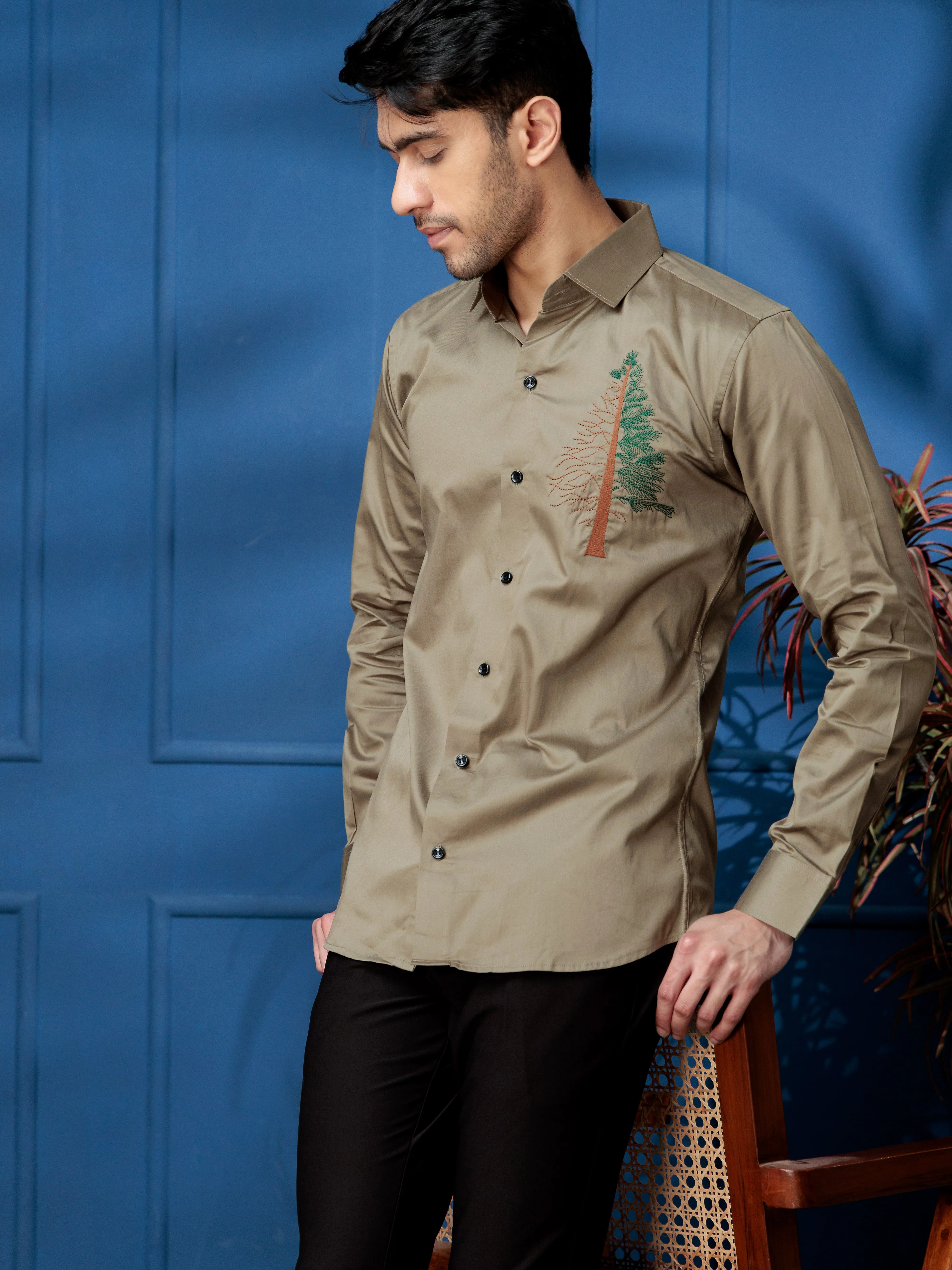 FOOMER TREE EMBROIDERED GREEN LUXURY COTTON SHIRT FOR MEN - Image 6