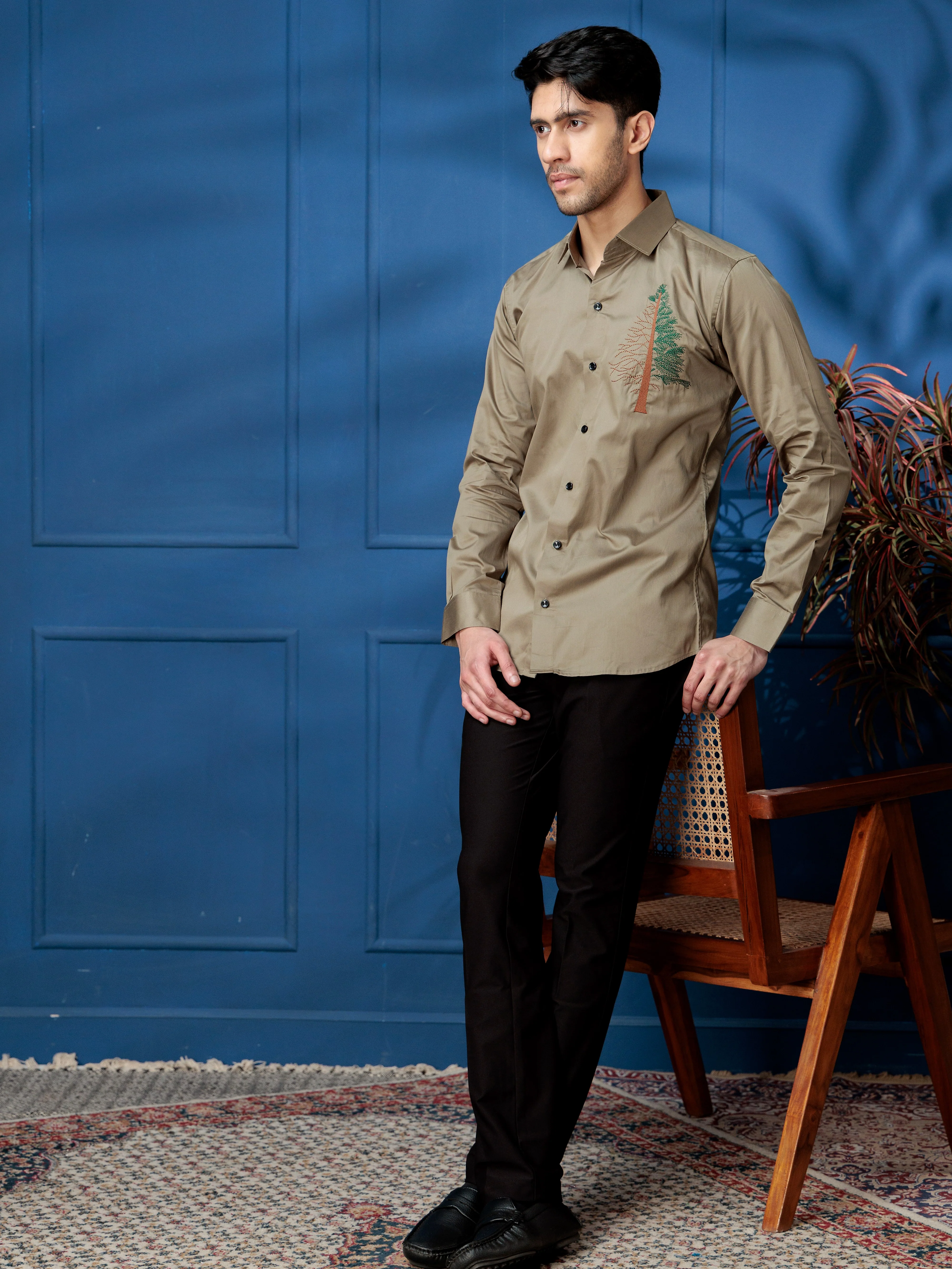 FOOMER TREE EMBROIDERED GREEN LUXURY COTTON SHIRT FOR MEN - Image 7