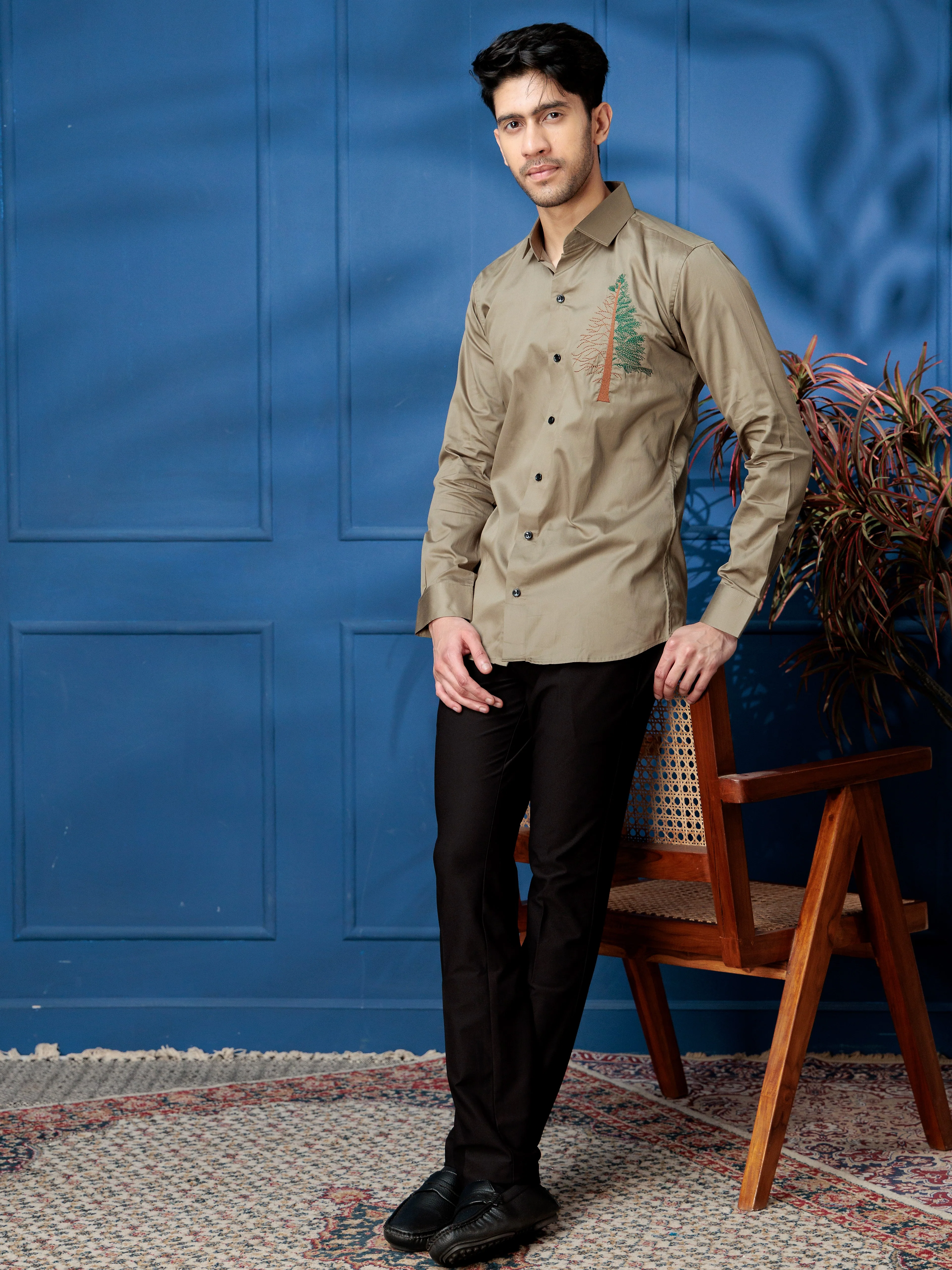 FOOMER TREE EMBROIDERED GREEN LUXURY COTTON SHIRT FOR MEN - Image 8