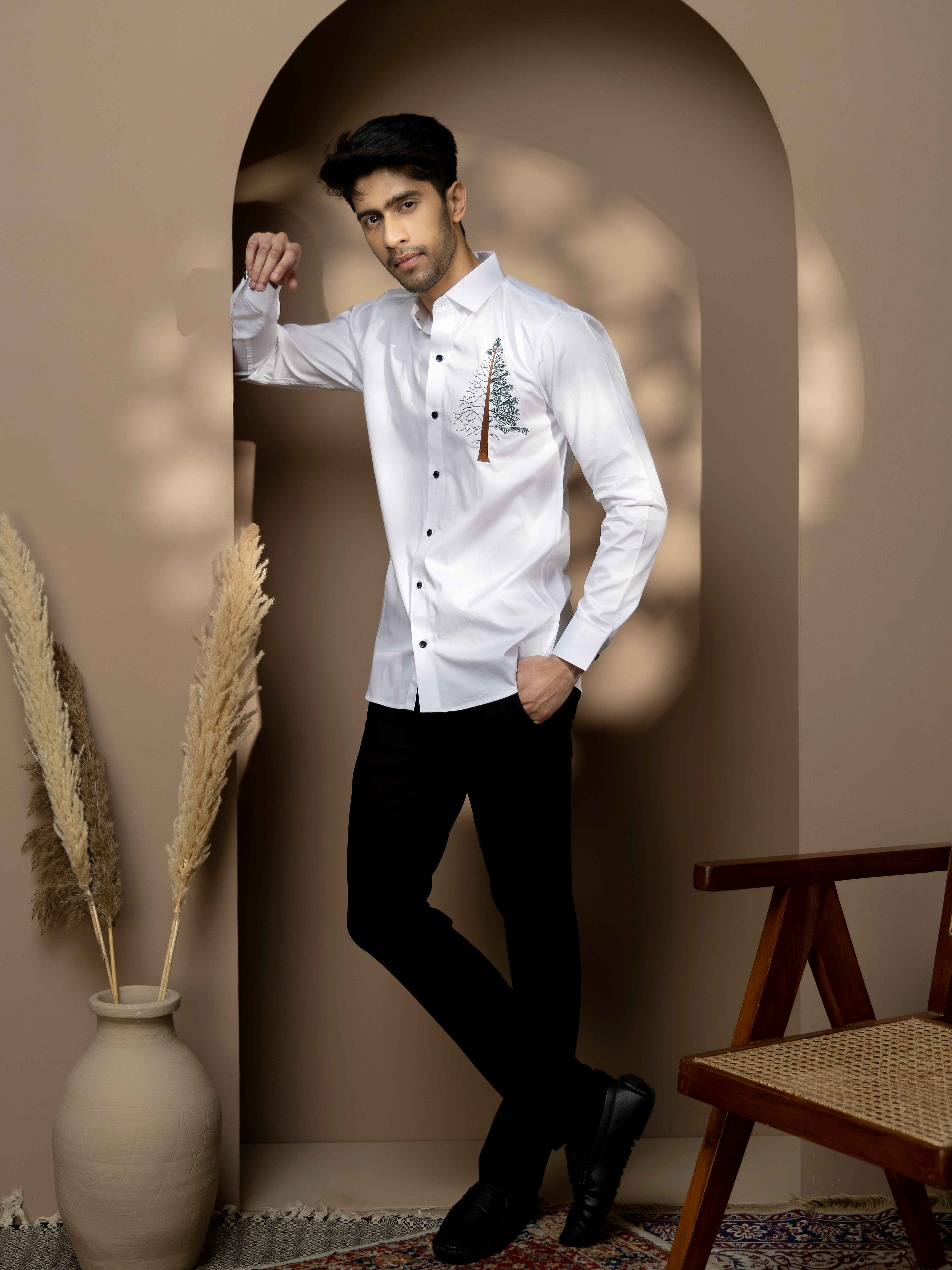 FOOMER TREE EMBROIDERED WHITE LUXURY COTTON SHIRT FOR MEN - Image 3