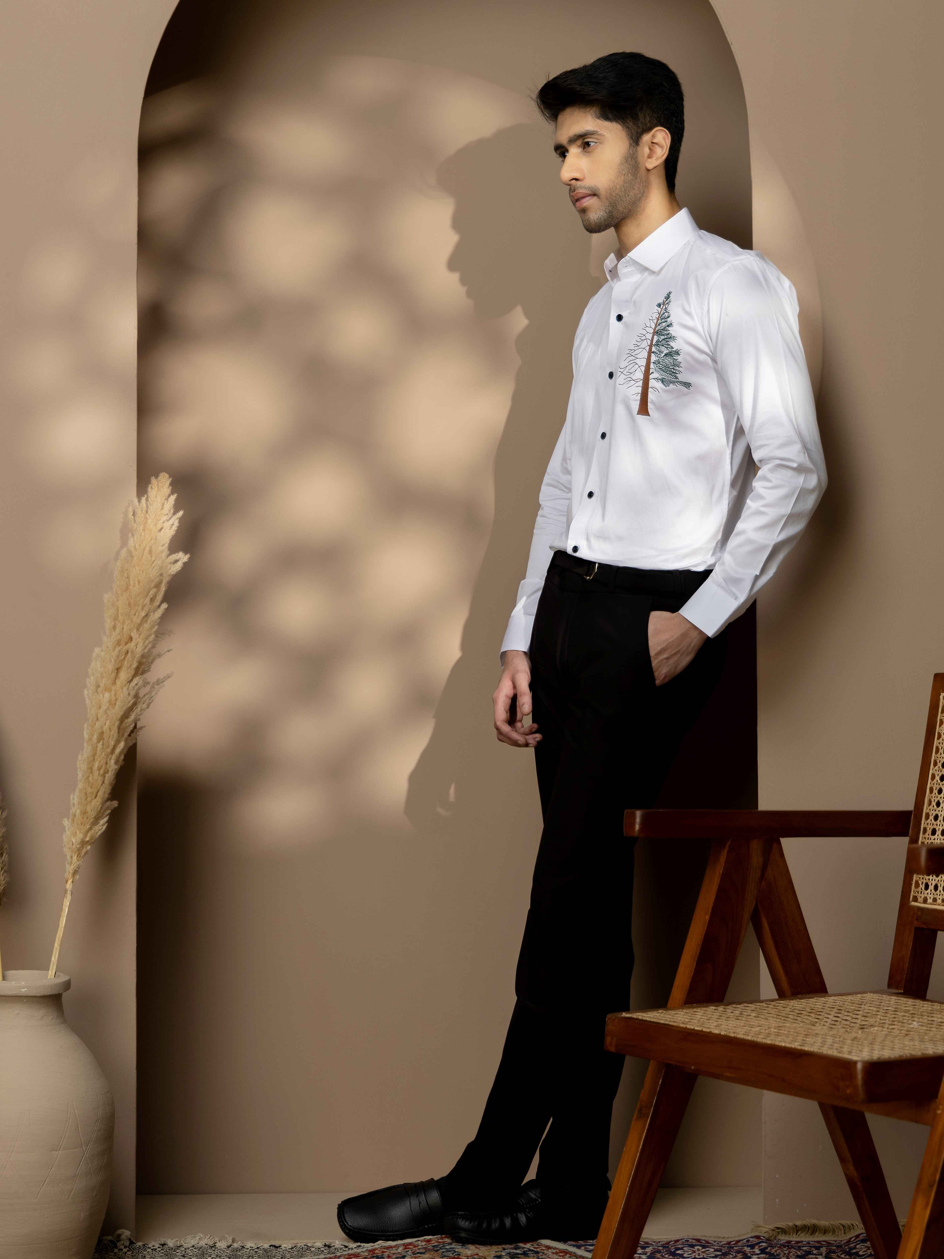 FOOMER TREE EMBROIDERED WHITE LUXURY COTTON SHIRT FOR MEN - Image 4