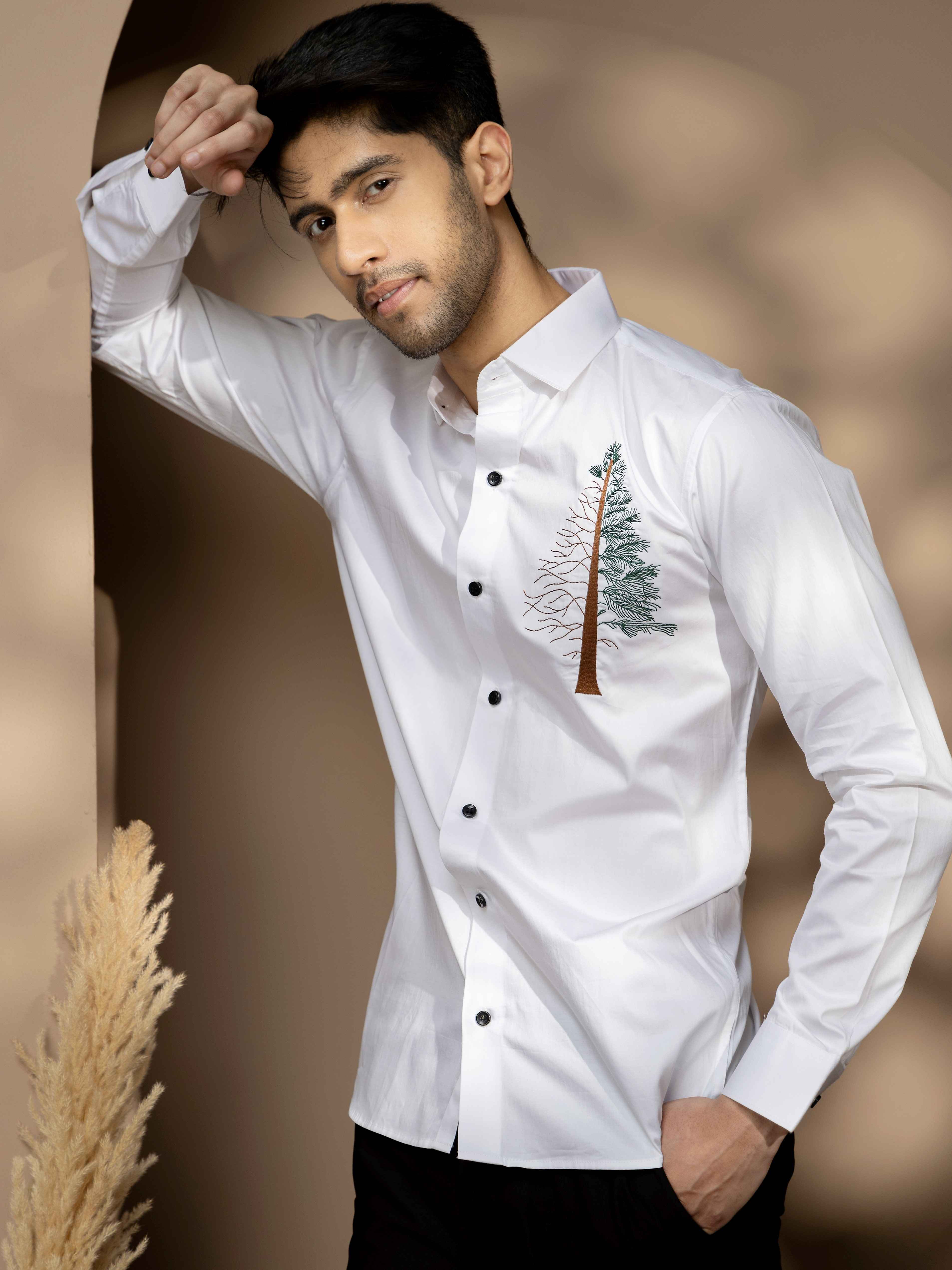 FOOMER TREE EMBROIDERED WHITE LUXURY COTTON SHIRT FOR MEN - Image 5