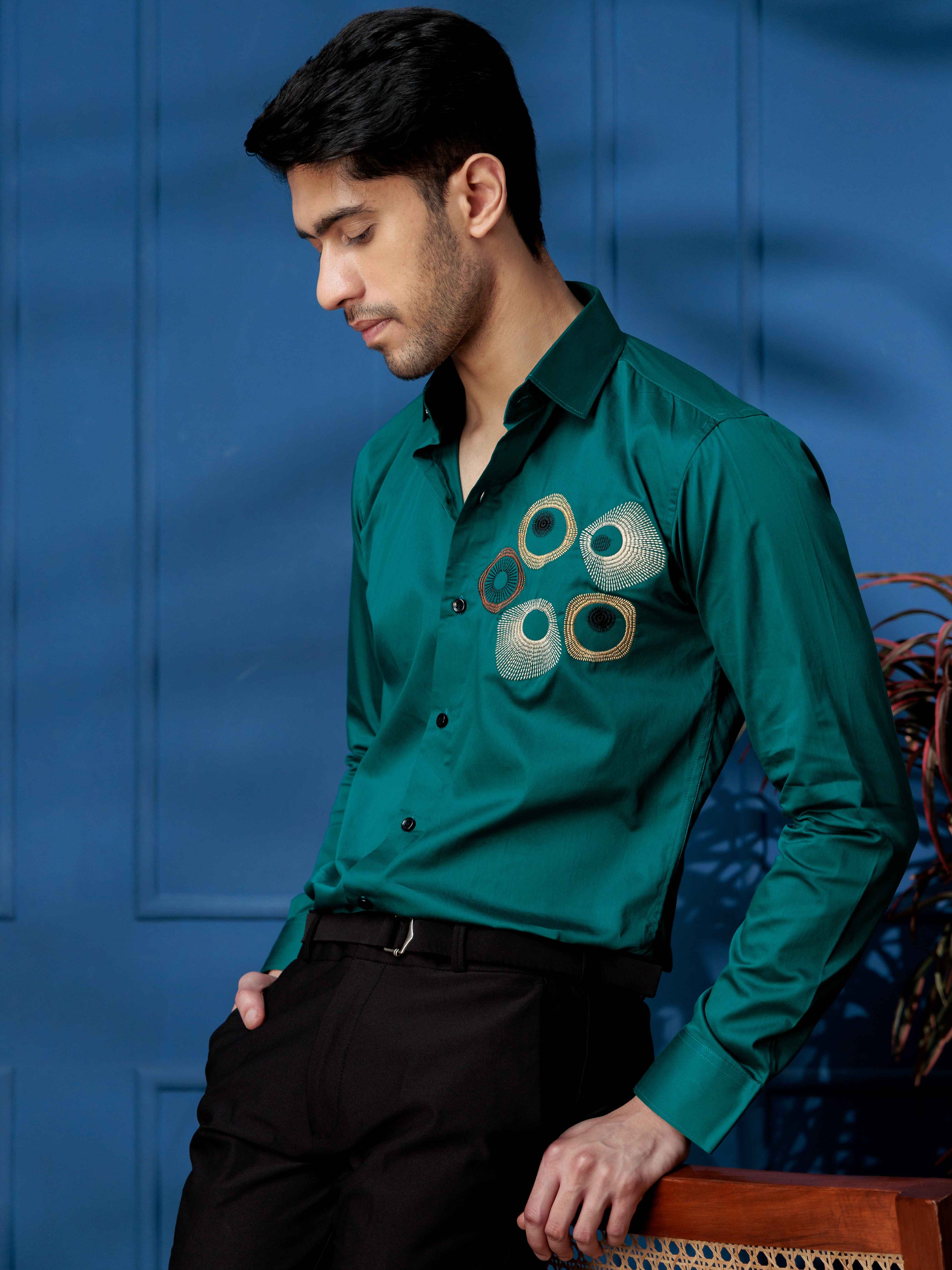 FOOMER VIRTUAL ROUND EMBROIDERED RAMA LUXURY COTTON SHIRT FOR MEN - Image 3