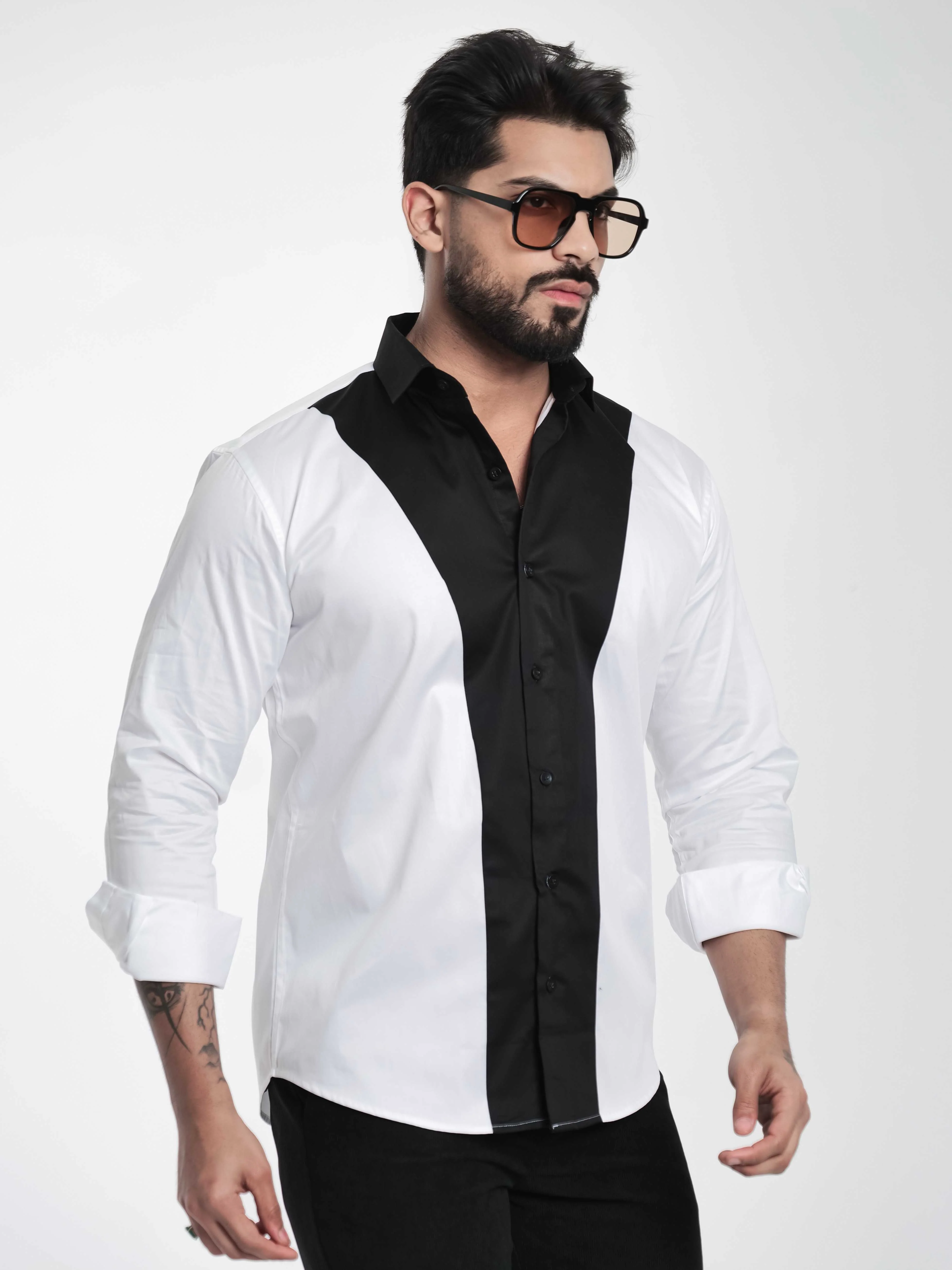 FOOMER WHITE AND BLACK CUT N SEW DESIGNER SHIRT FOR MEN'S - Image 3