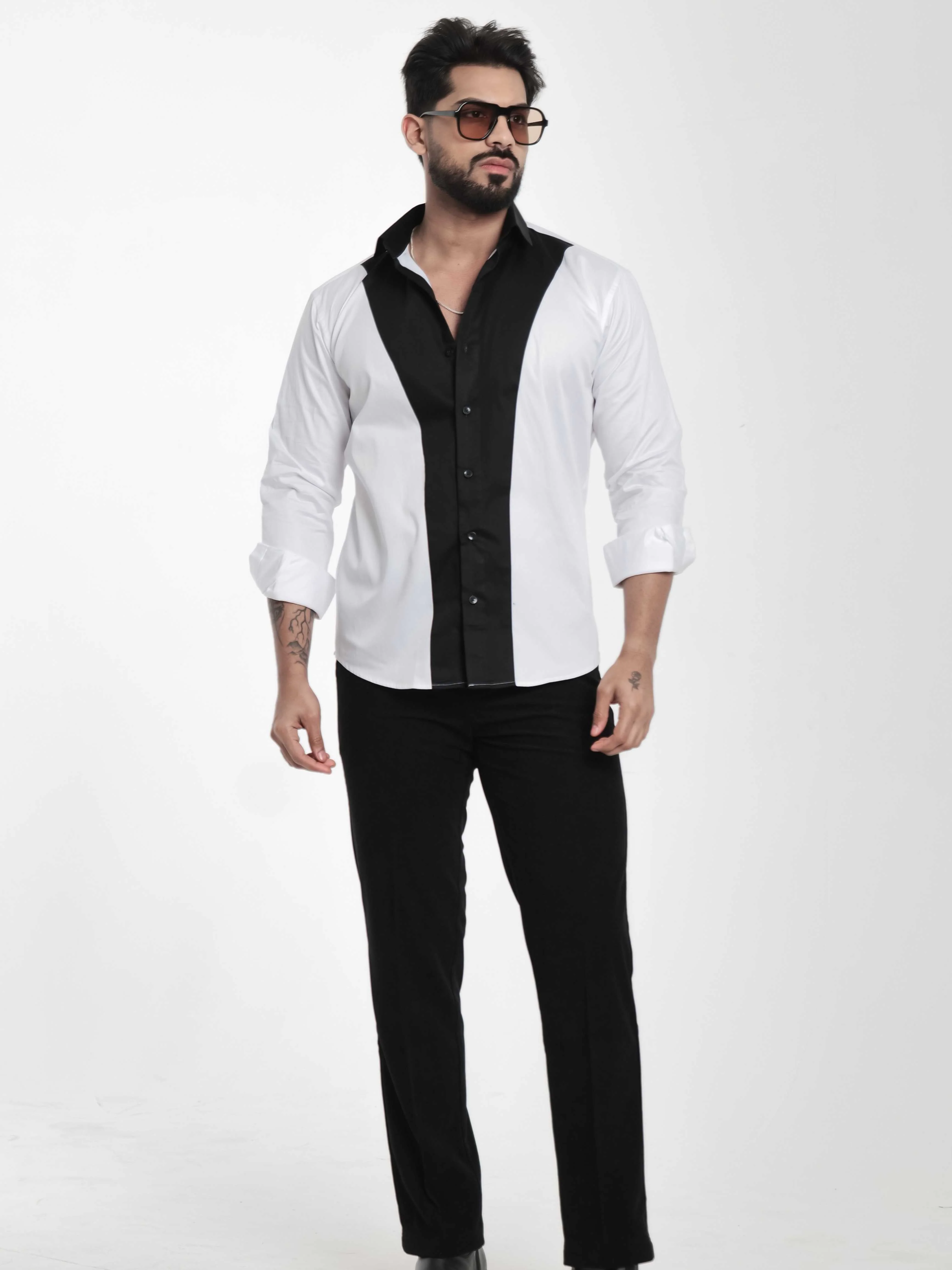 FOOMER WHITE AND BLACK CUT N SEW DESIGNER SHIRT FOR MEN'S - Image 4