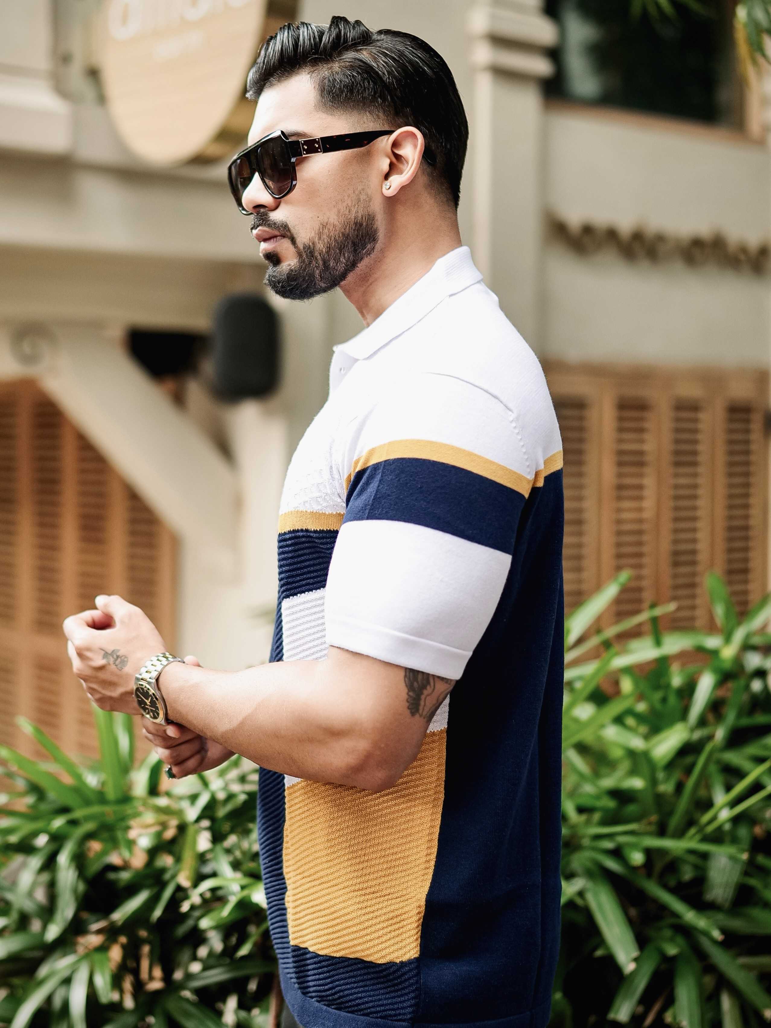 FOOMER WHITE AND NAVY HALF SLEEVE KNITTED TSHIRT FOR MEN'S - Image 5