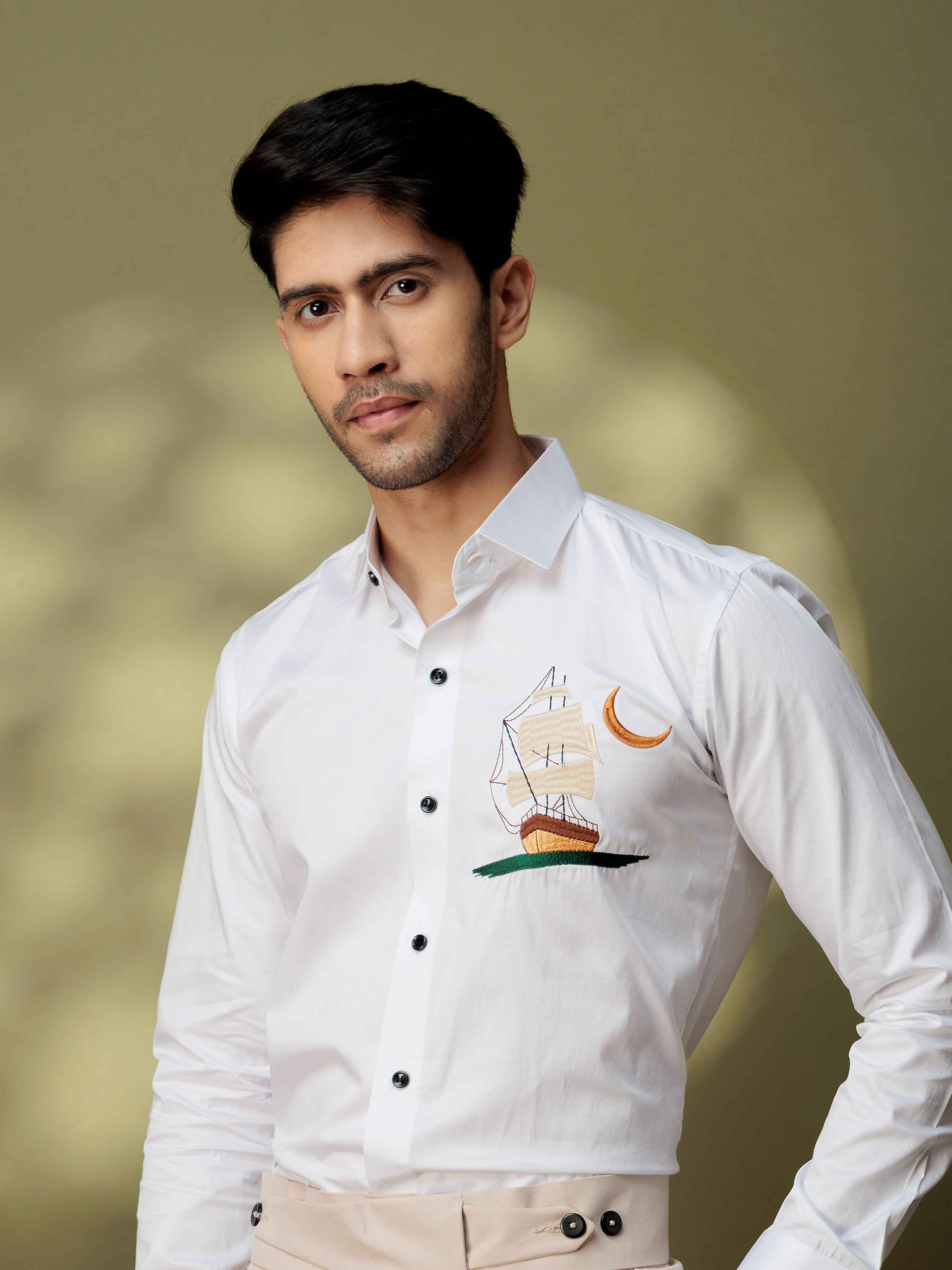 FOOMER WHITE BOAT EMBROIDERED DESIGNER WEAR SATIN COTTON SHIRT FOR MEN