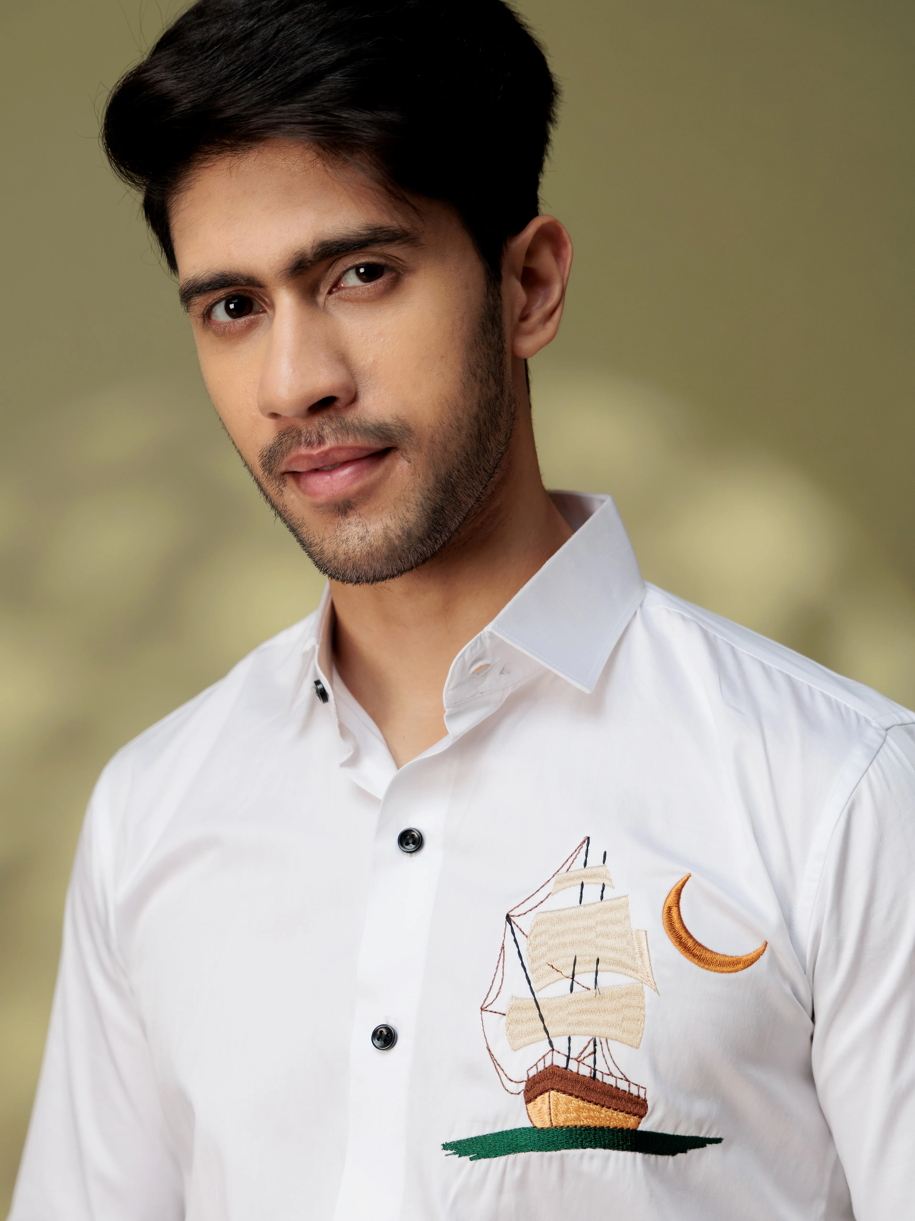 FOOMER WHITE BOAT EMBROIDERED DESIGNER WEAR SATIN COTTON SHIRT FOR MEN - Image 5