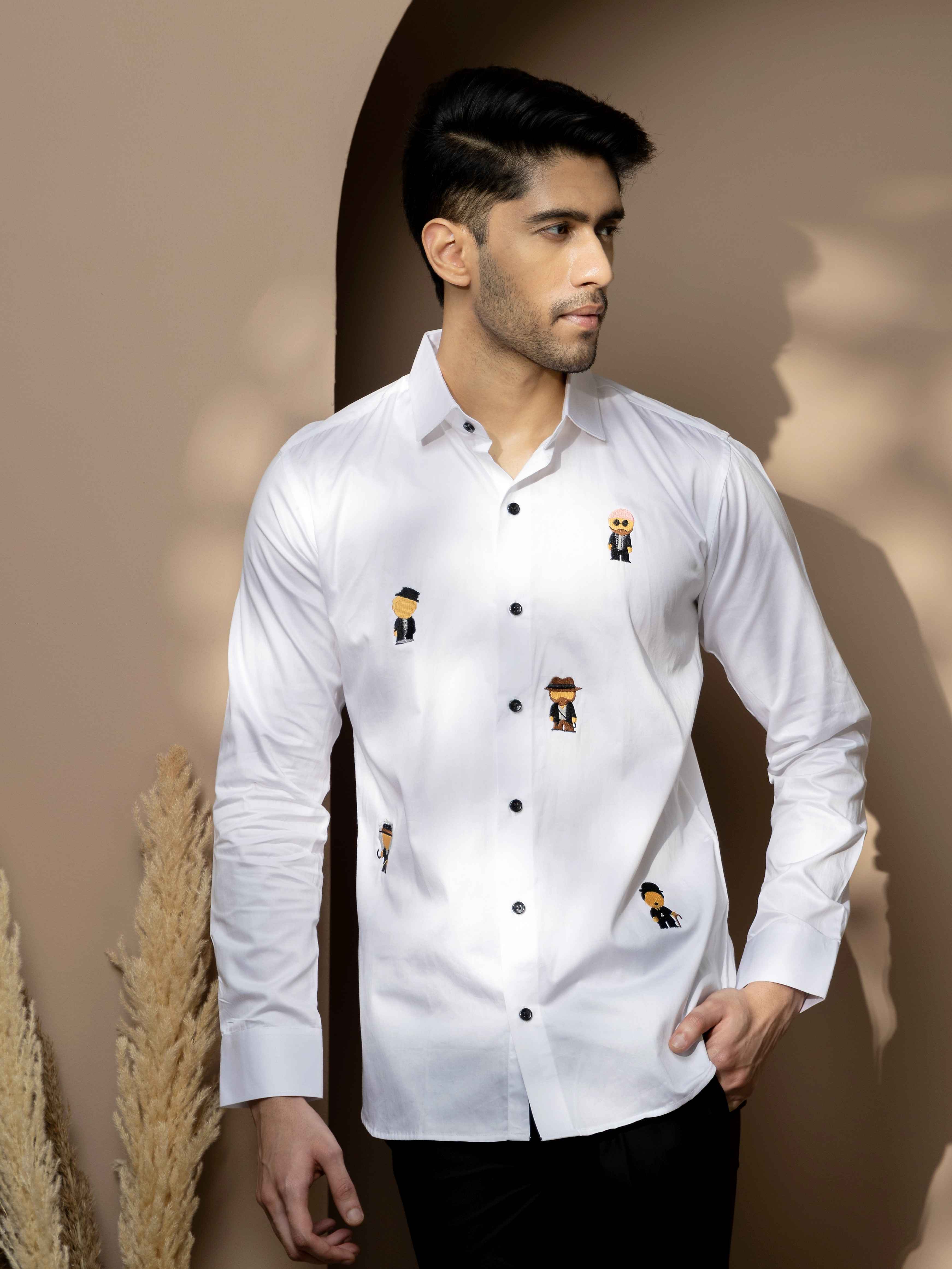 FOOMER WHITE EMBROIDERED DESIGNER WEAR SATIN COTTON SHIRT - Image 3