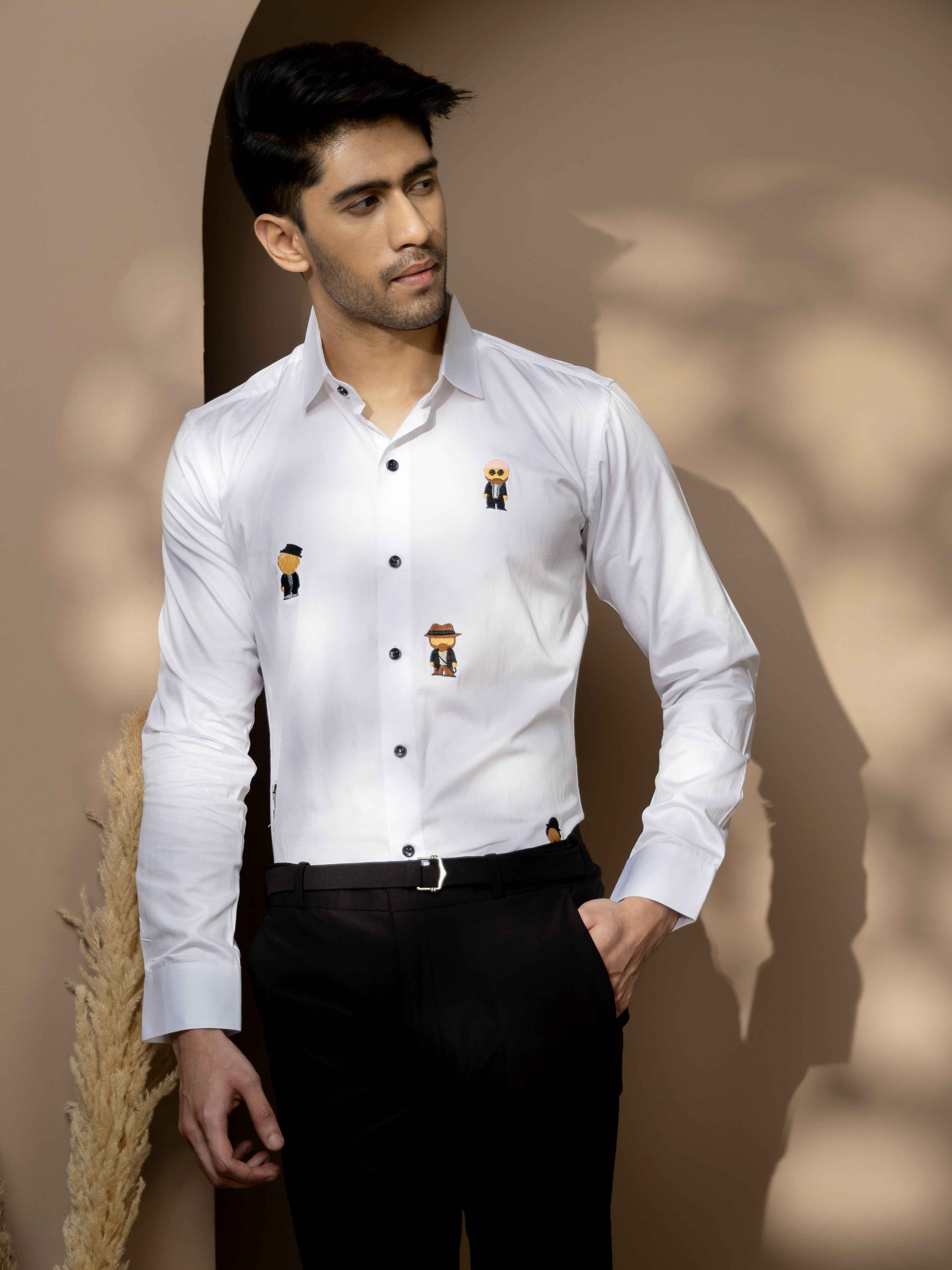 FOOMER WHITE EMBROIDERED DESIGNER WEAR SATIN COTTON SHIRT - Image 4