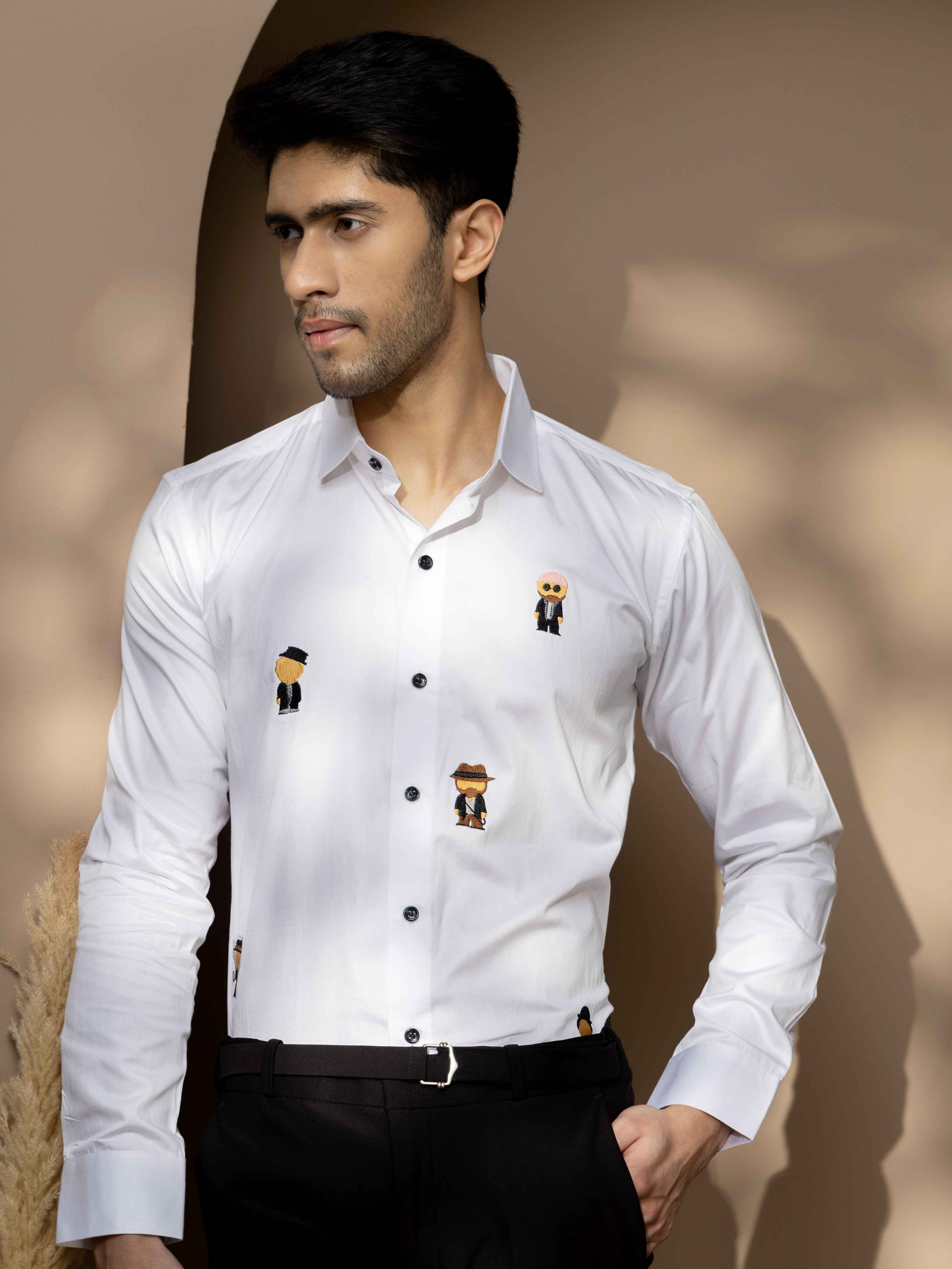 FOOMER WHITE EMBROIDERED DESIGNER WEAR SATIN COTTON SHIRT - Image 5