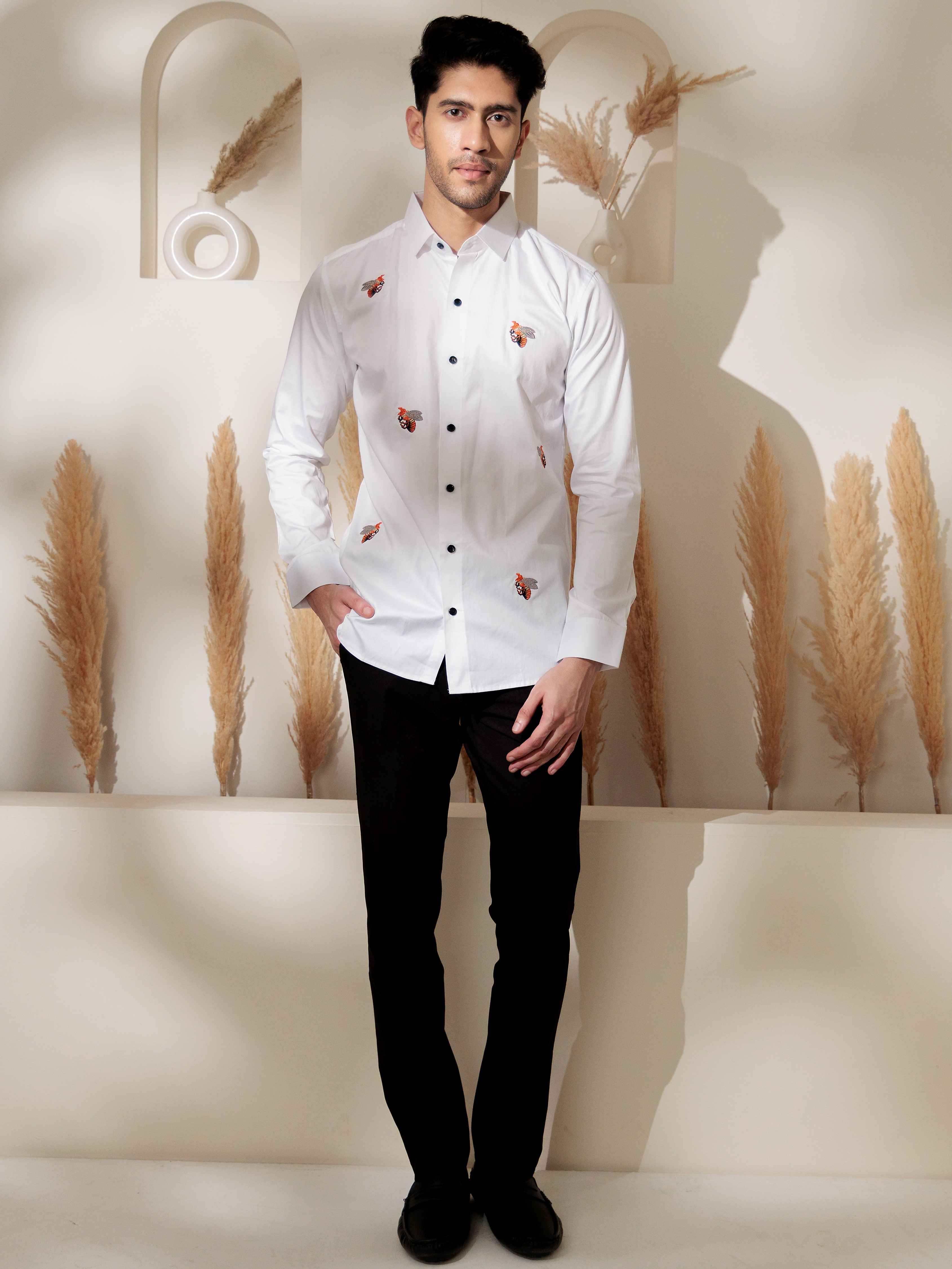 FOOMER WHITE EMBROIDERED DESIGNER WEAR SATIN COTTON SHIRT FOR MEN - Image 4