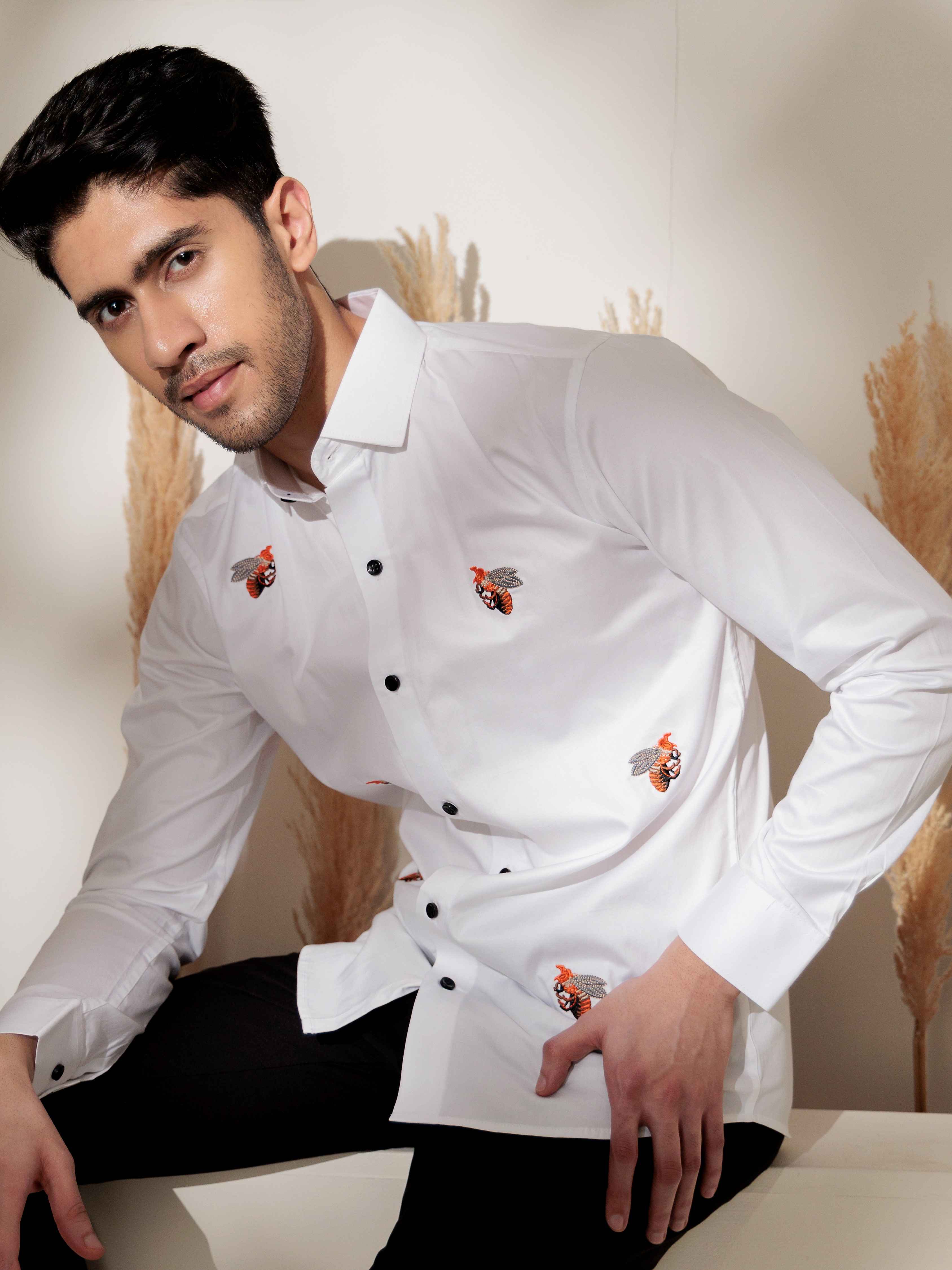 FOOMER WHITE EMBROIDERED DESIGNER WEAR SATIN COTTON SHIRT FOR MEN - Image 5
