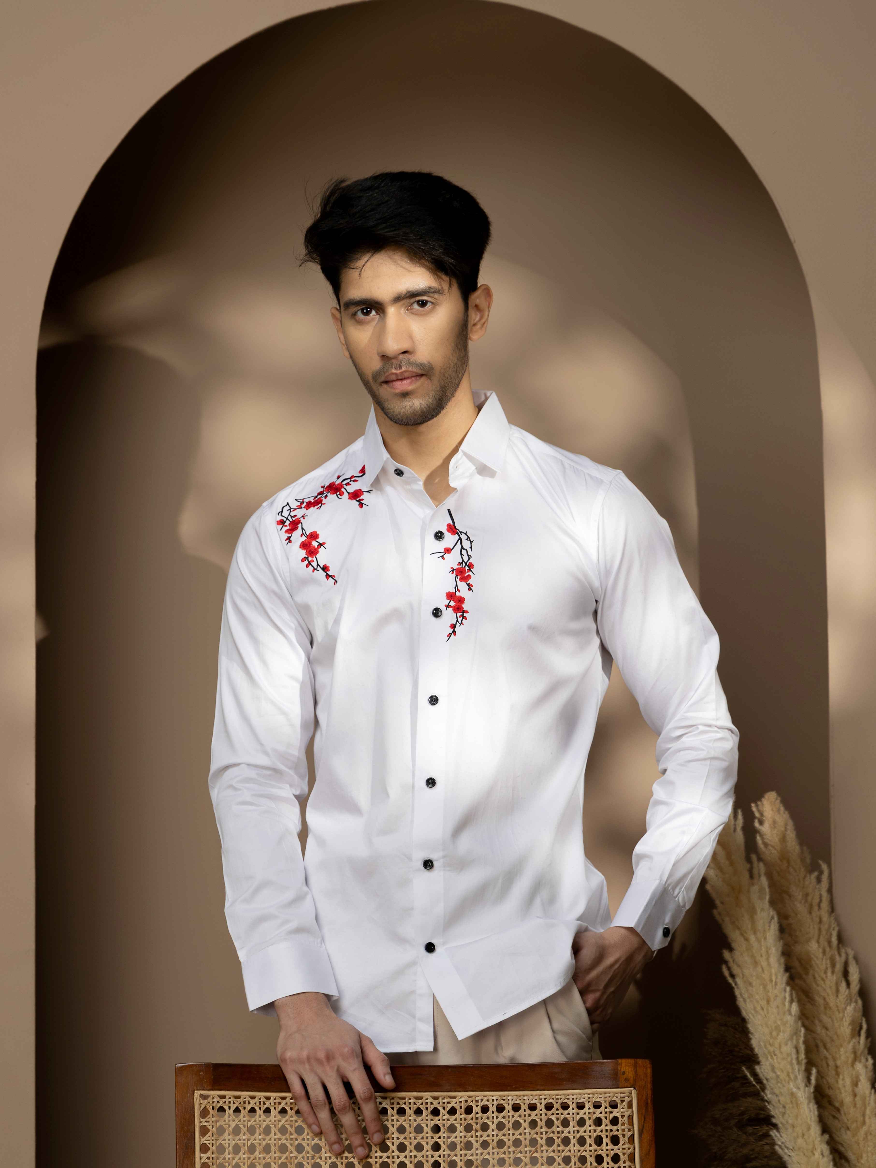 FOOMER WHITE EMBROIDERED DESIGNER WEAR SATIN COTTON SHIRT FOR MEN - Image 3